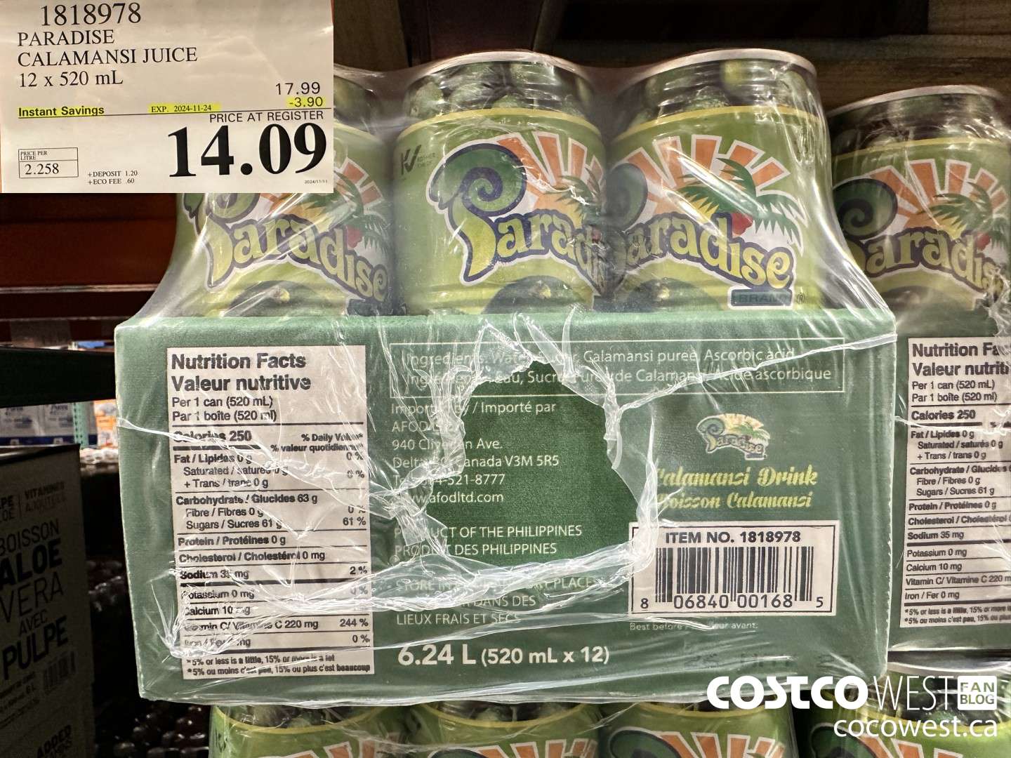 1818978 PARADISE CALAMANSI JUICE 12 x 520 mL ($3.90 INSTANT SAVINGS EXPIRES ON 2024-11-24) $14.09