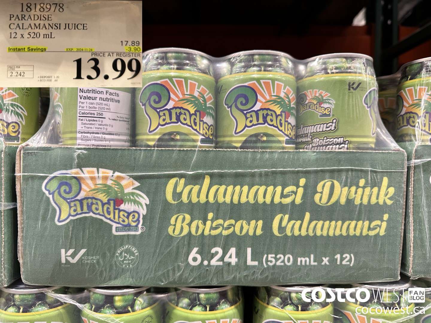 1818978 PARADISE CALAMANSI JUICE 12 x 520 mL ($3.90 INSTANT SAVINGS EXPIRES ON 2024-11-24) $13.99