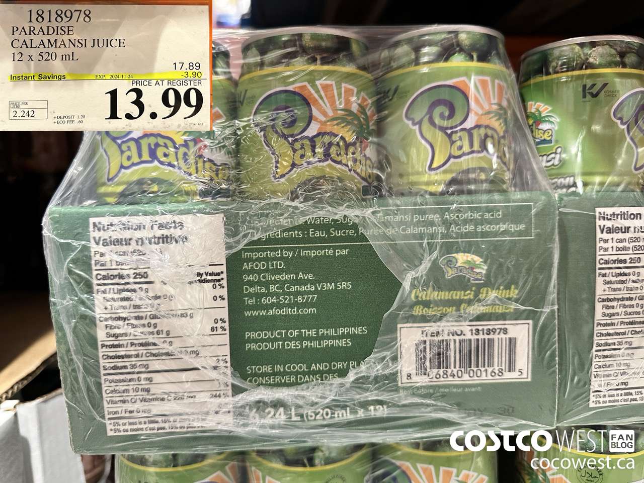 1818978 PARADISE CALAMANSI JUICE 12 x 520 mL ($3.90 INSTANT SAVINGS EXPIRES ON 2024-11-24) $13.99