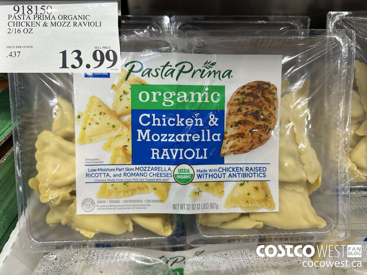 918150 PASTA PRIMA ORGANIC CHICKEN & MOZZ RAVIOLI 2/16 OZ $13.99