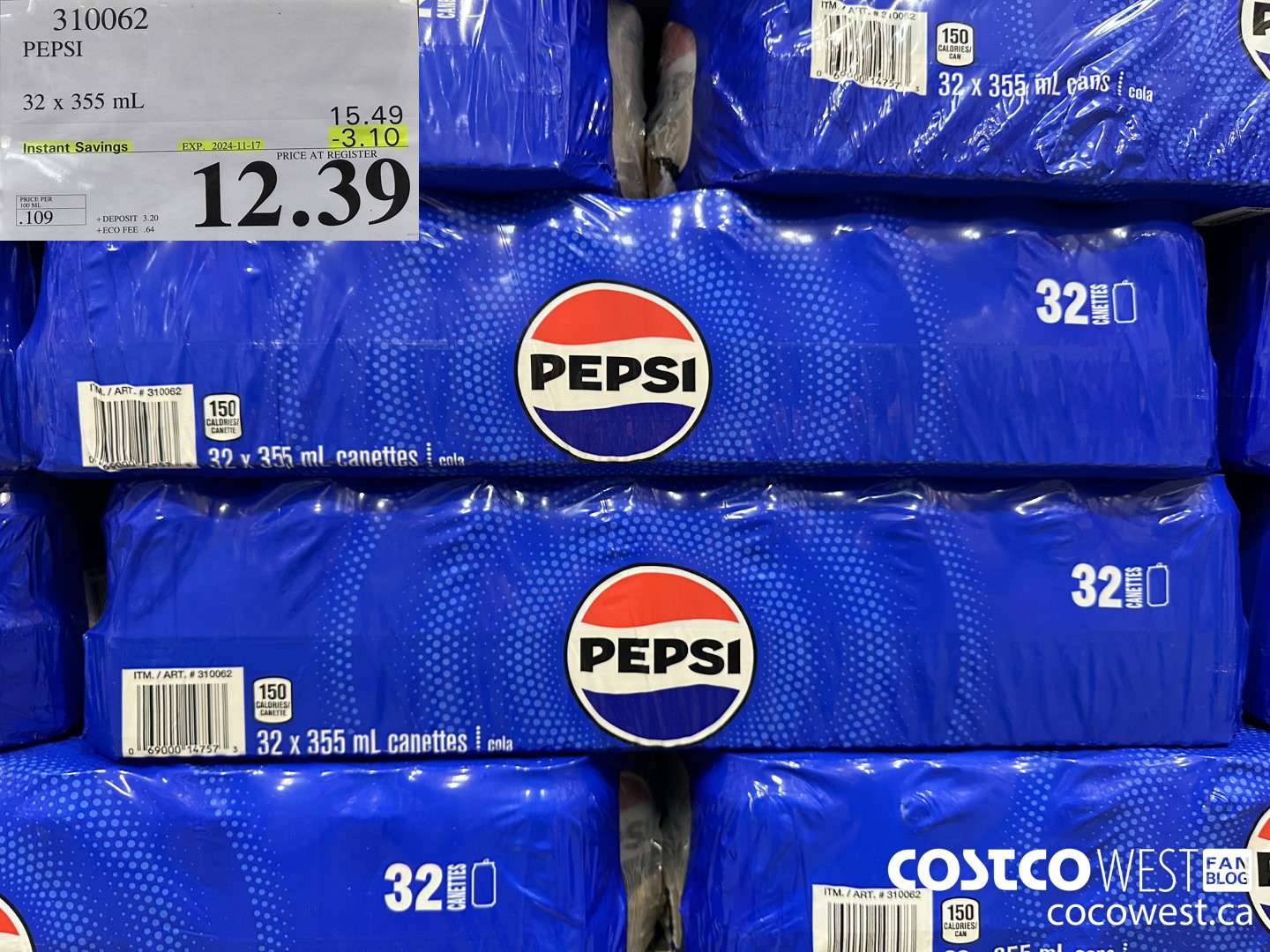 310062 PEPSI 32 X 355 ML ($3.10 INSTANT SAVINGS EXPIRES ON 2024-11-17) $12.39