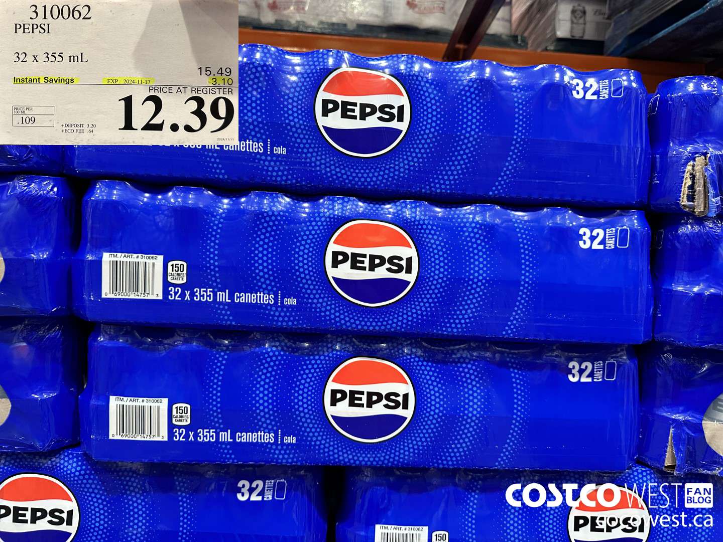 310062 PEPSI 32 X 355 ML ($3.10 INSTANT SAVINGS EXPIRES ON 2024-11-17) $12.39