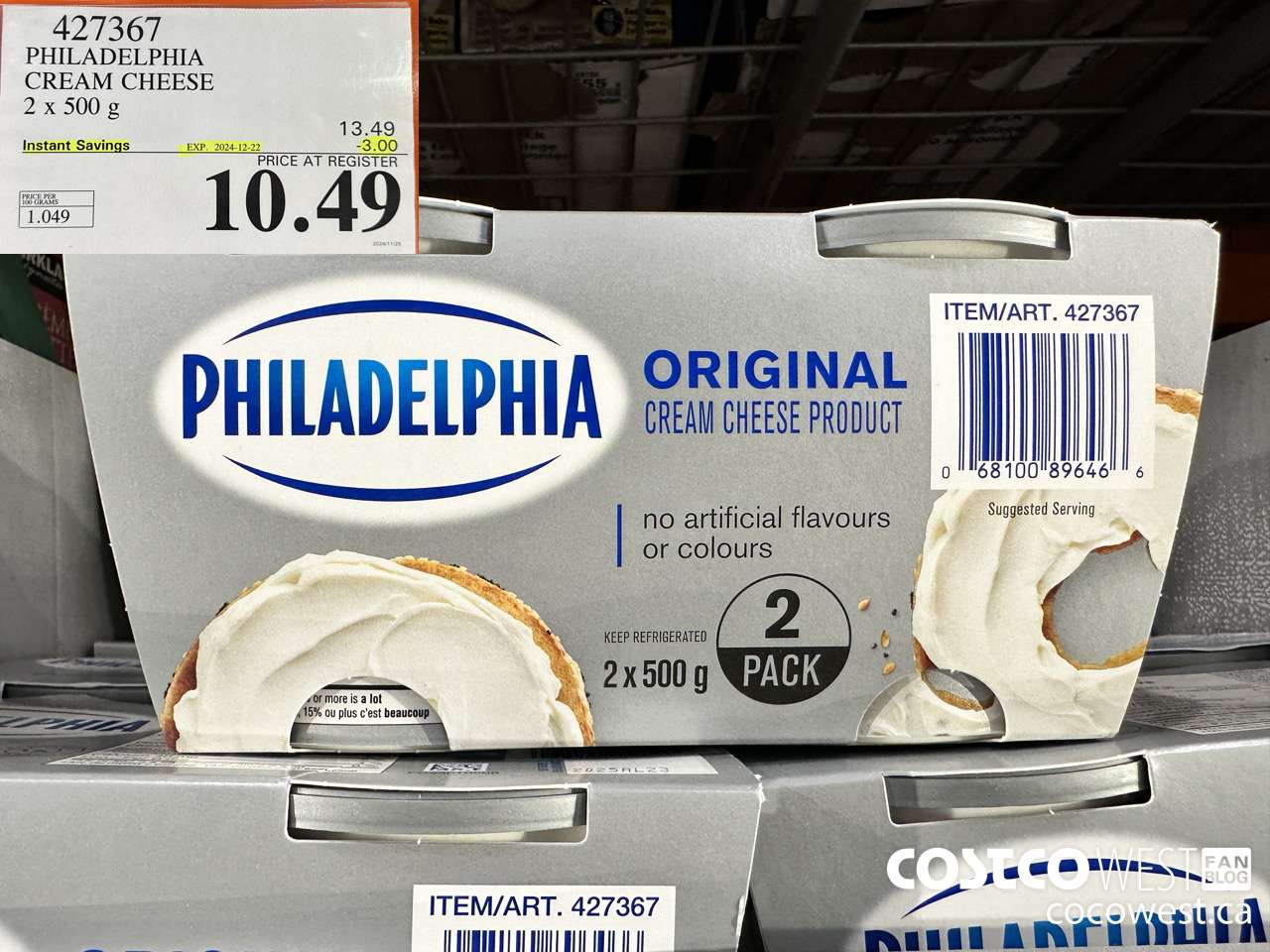 427367 PHILADELPHIA CREAM CHEESE 2 x 500 g ($3.00 INSTANT SAVINGS EXPIRES ON 2024-12-22) $10.49