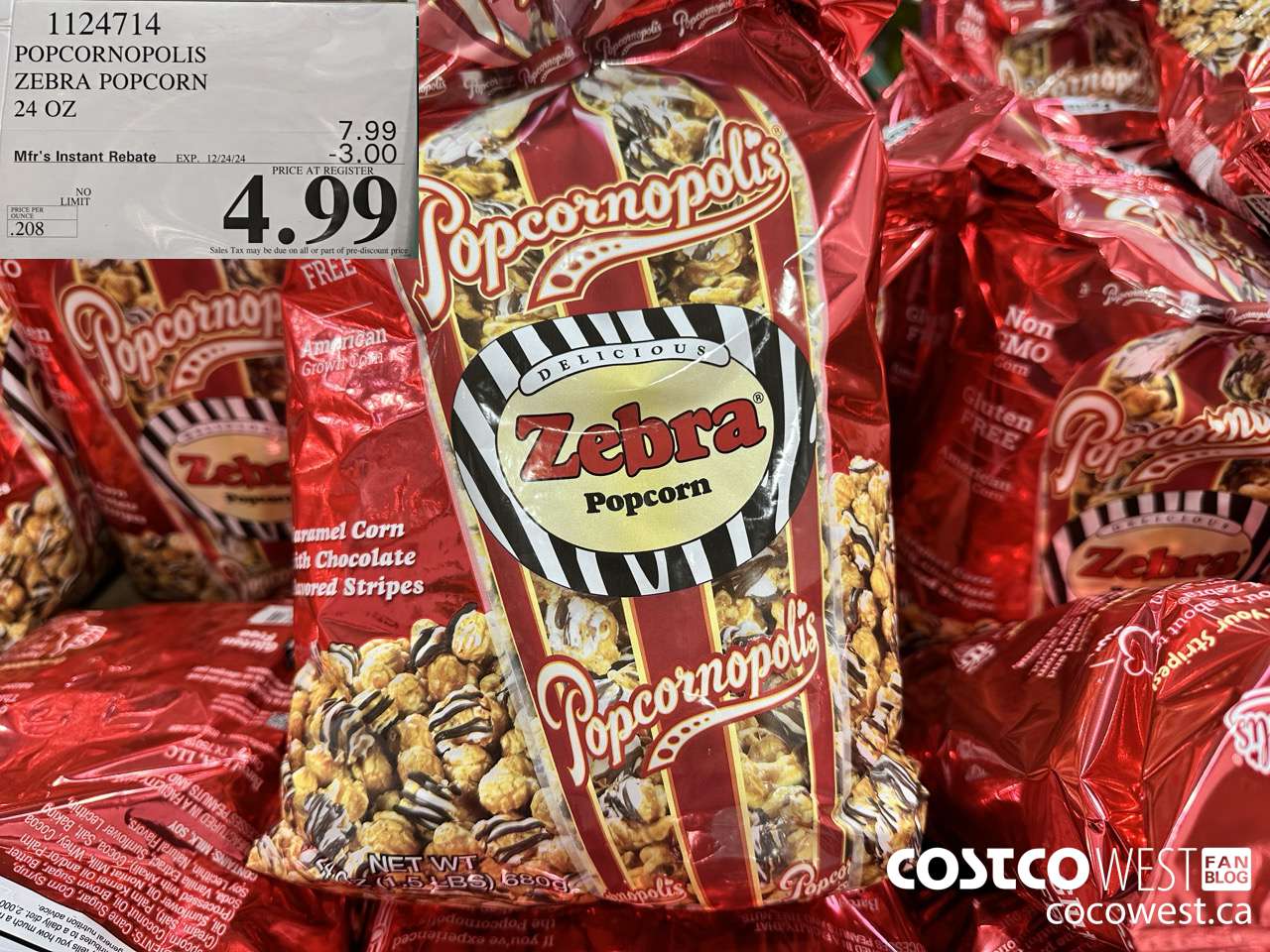 1124714 POPCORNOPOLIS ZEBRA POPCORN 24 OZ ($3.00 INSTANT SAVINGS EXPIRES ON 2024-12-24) $4.99