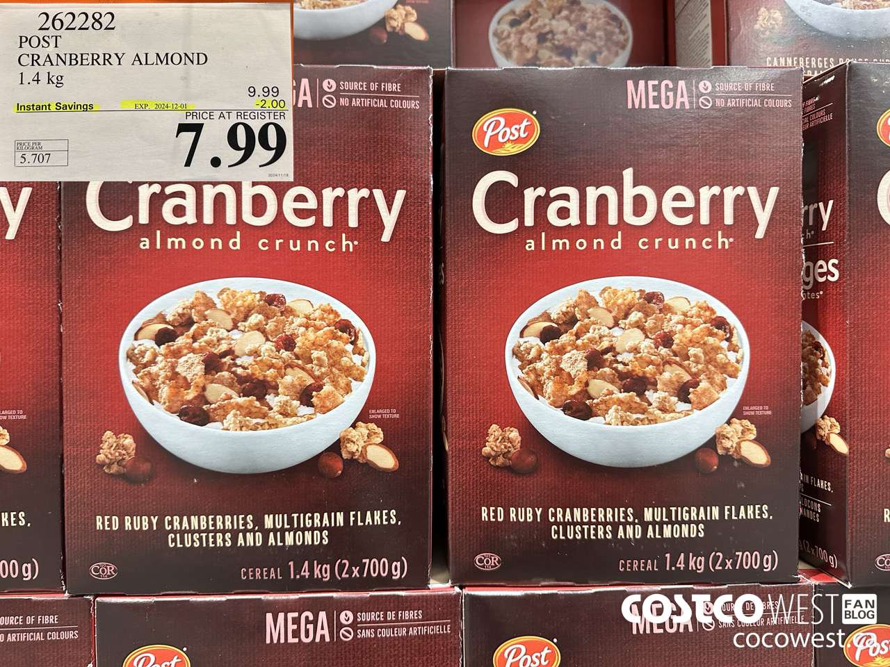 262282 POST CRANBERRY ALMOND CRUNCH 1.4 kg ($2.00 INSTANT SAVINGS EXPIRES ON 2024-12-01) $7.99