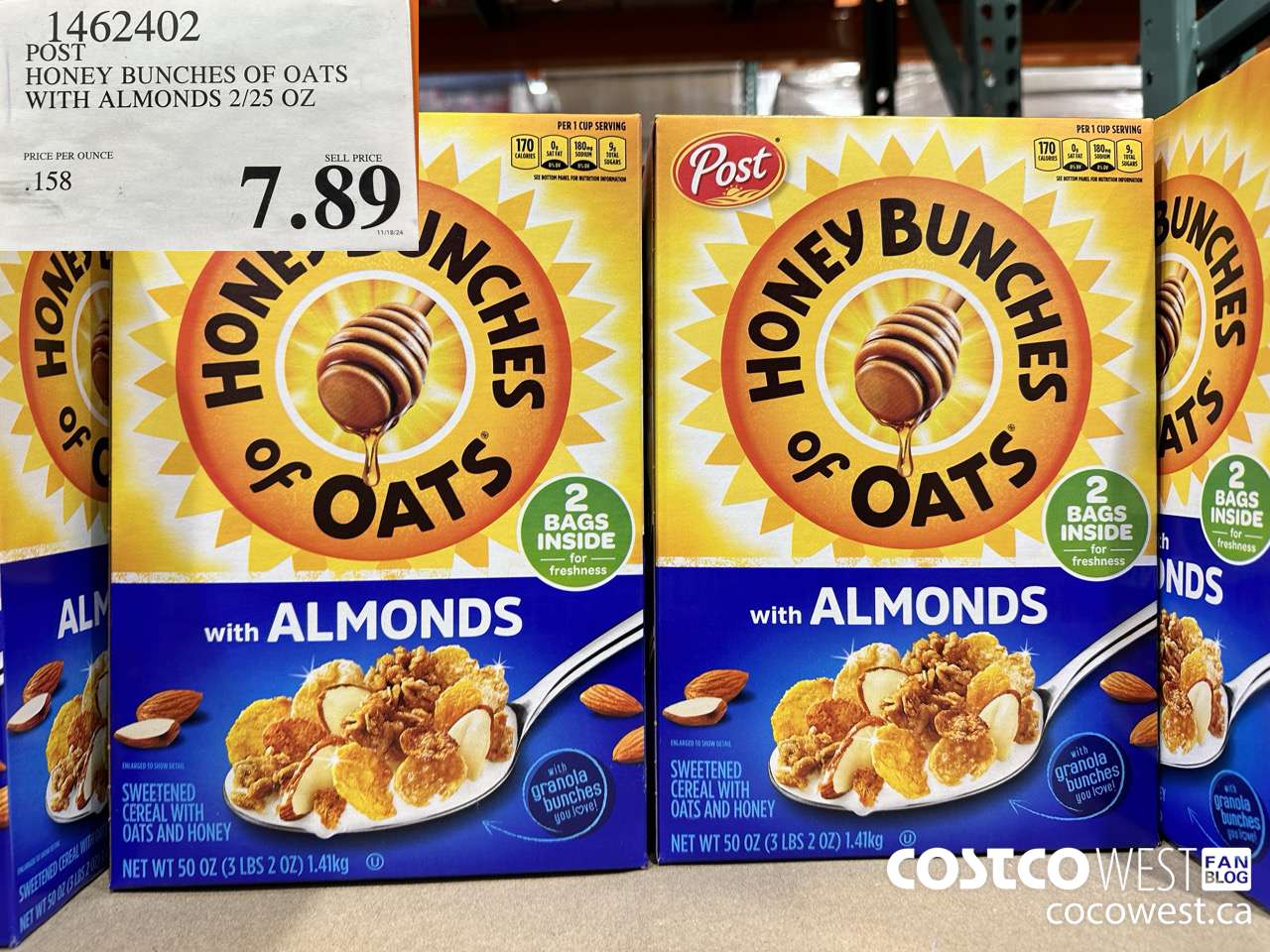1462402 POST HONEY BUNCHES OF OATS WITH ALMONDS 2/25 OZ $7.89