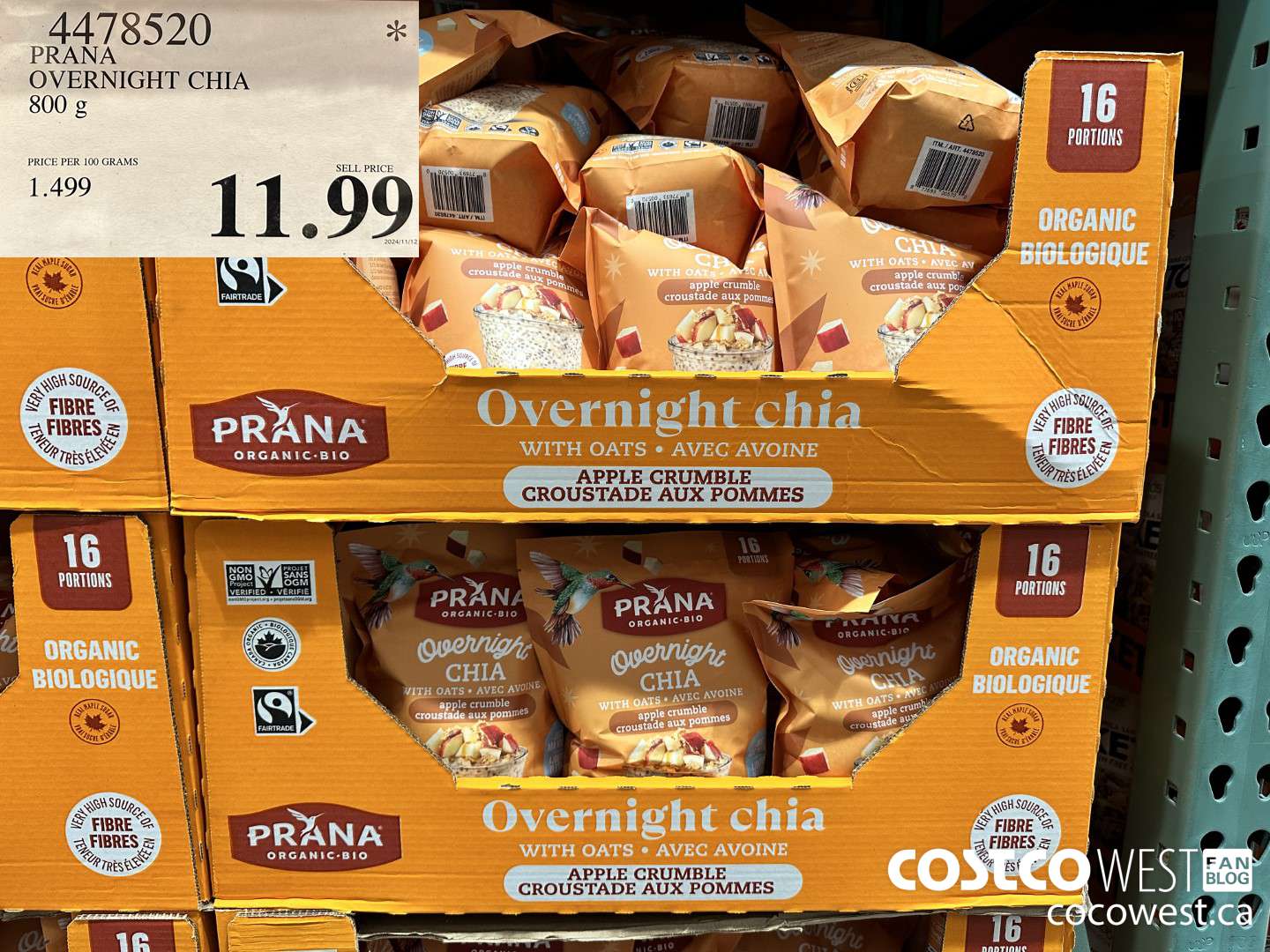 4478520 PRANA OVERNIGHT CHIA 800G $11.99