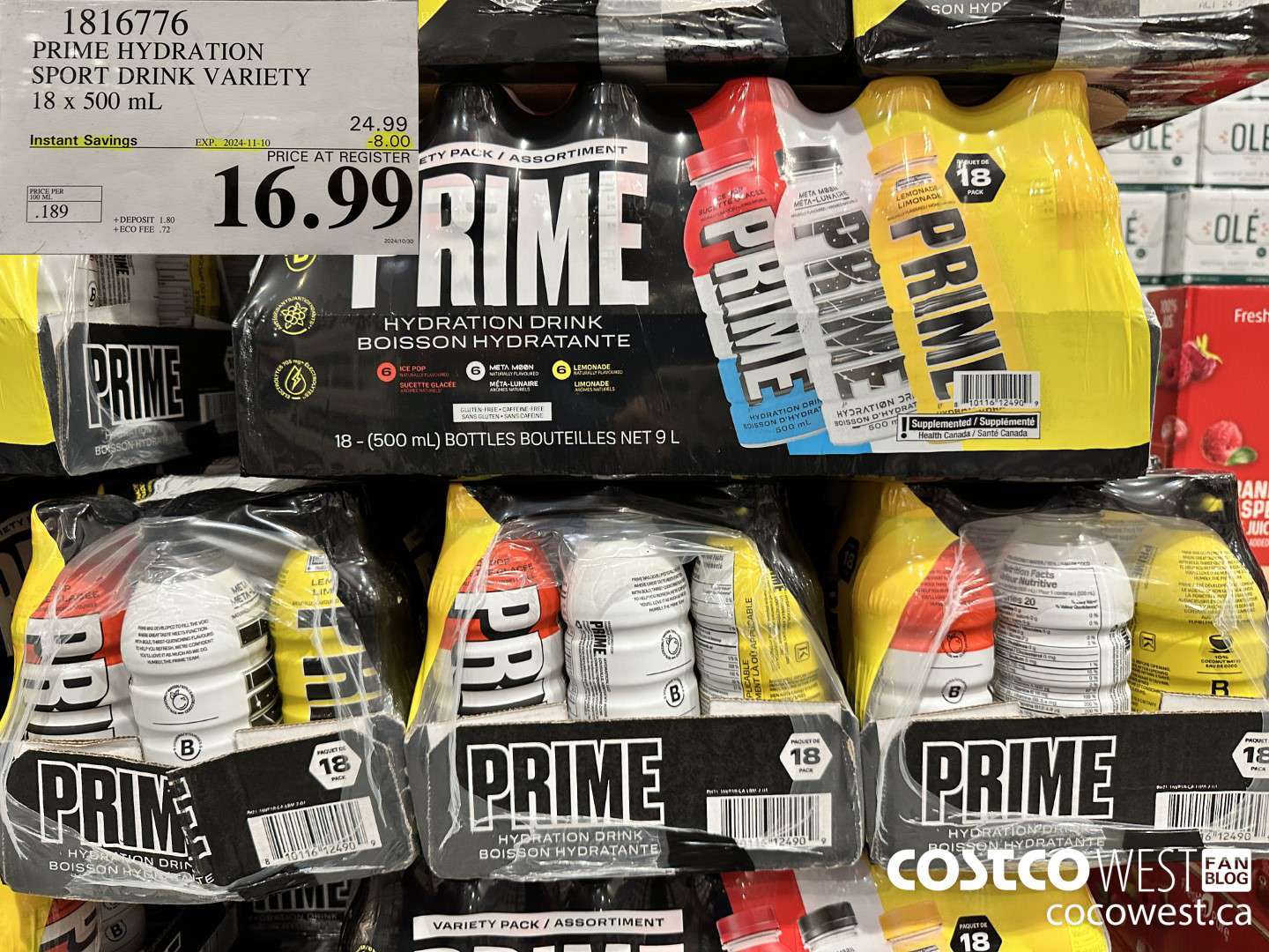 1816776 PRIME HYDRATION SPORT DRINK VARIETY 18 X 500ML ($8.00 INSTANT SAVINGS EXPIRES ON 2024-11-10) $16.99