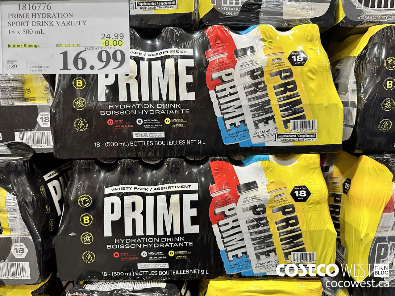 1816776 PRIME HYDRATION SPORT DRINK VARIETY 18 X 500ML ($8.00 INSTANT SAVINGS EXPIRES ON 2024-11-10) $16.99