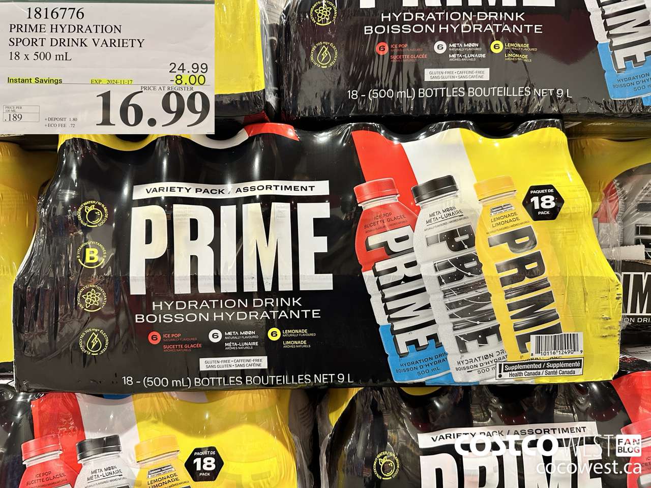 1816776 PRIME HYDRATION SPORT DRINK VARIETY 18 X 500ML ($8.00 INSTANT SAVINGS EXPIRES ON 2024-11-17) $16.99