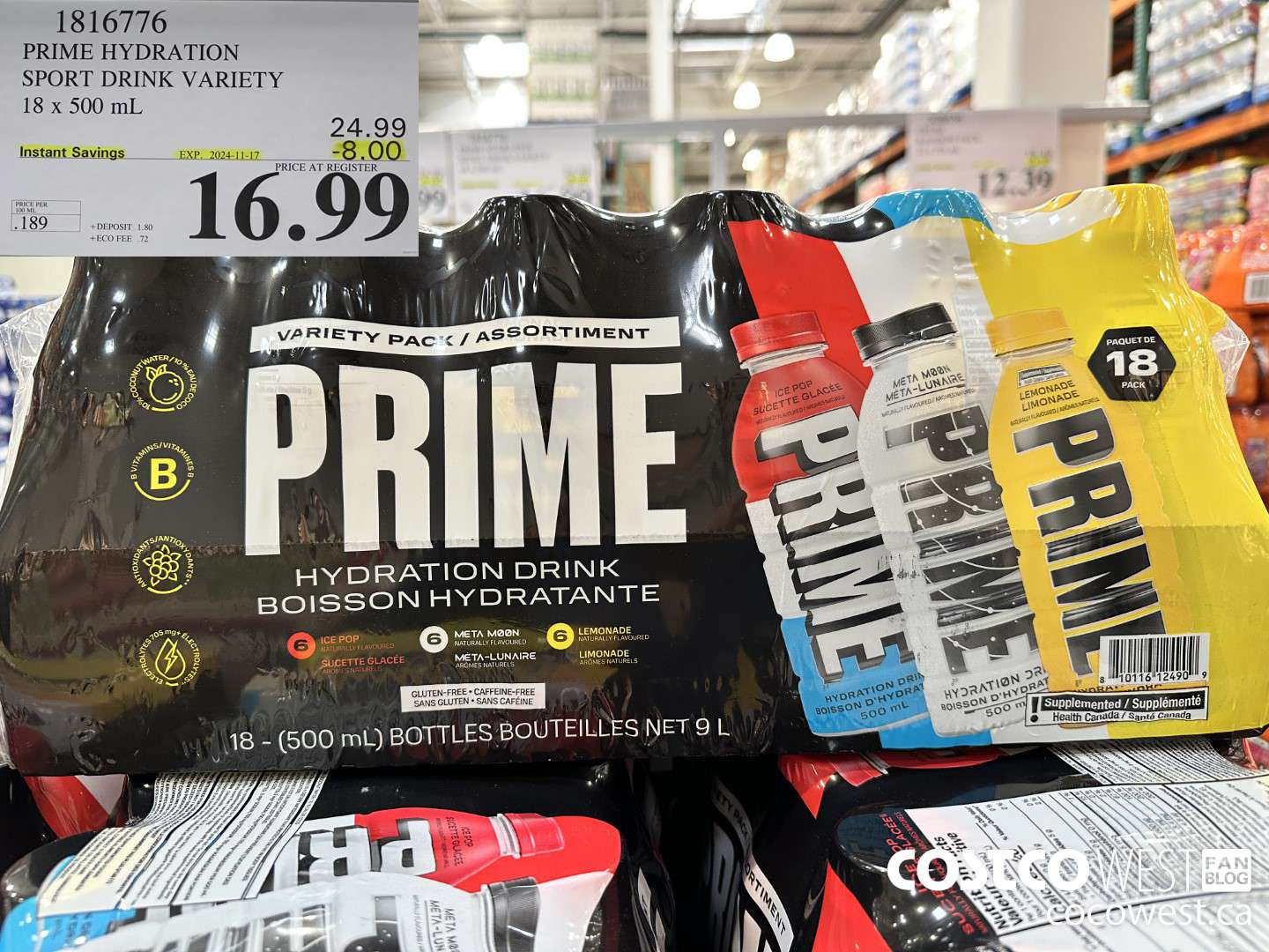 1816776 PRIME HYDRATION SPORT DRINK VARIETY 18 X 500ML ($8.00 INSTANT SAVINGS EXPIRES ON 2024-11-17) $16.99