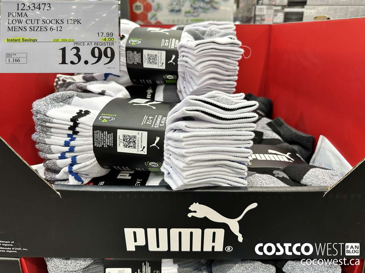 1233473 PUMA LOW CUT SOCK 12PK MENS SIZES 6-12 ($4.00 INSTANT SAVINGS EXPIRES ON 2024-12-01) $13.99