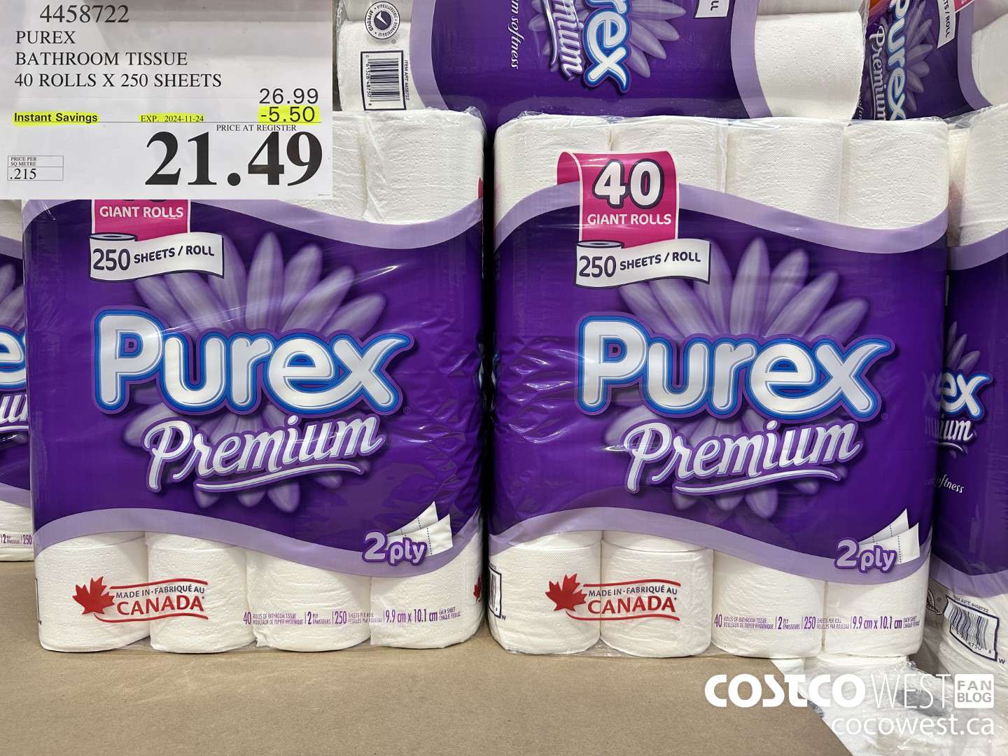 4458722 PUREX BATHROOM TISSUE 40 ROLLS X 250 SHEETS ($5.50 INSTANT SAVINGS EXPIRES ON 2024-11-24) $21.49