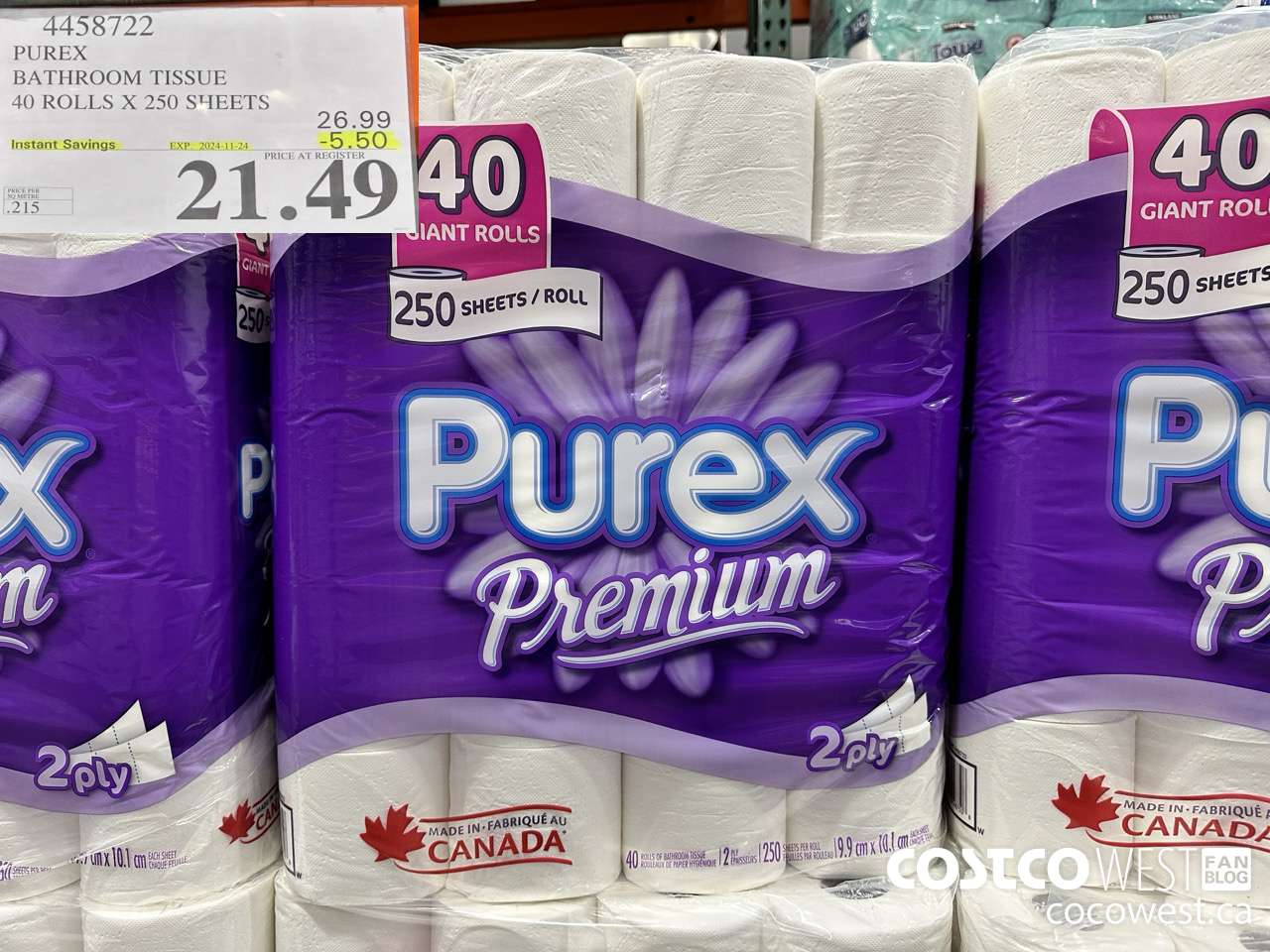 4458722 PUREX BATHROOM TISSUE 40 ROLLS X 250 SHEETS ($5.50 INSTANT SAVINGS EXPIRES ON 2024-11-24) $21.49