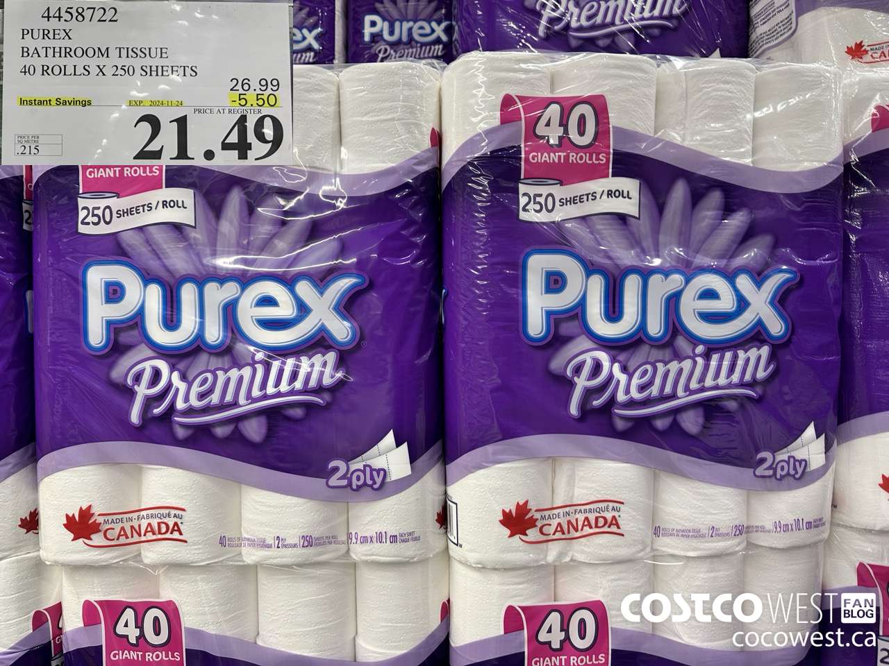 4458722 PUREX BATHROOM TISSUE 40 ROLLS X 250 SHEETS ($5.50 INSTANT SAVINGS EXPIRES ON 2024-11-24) $21.49