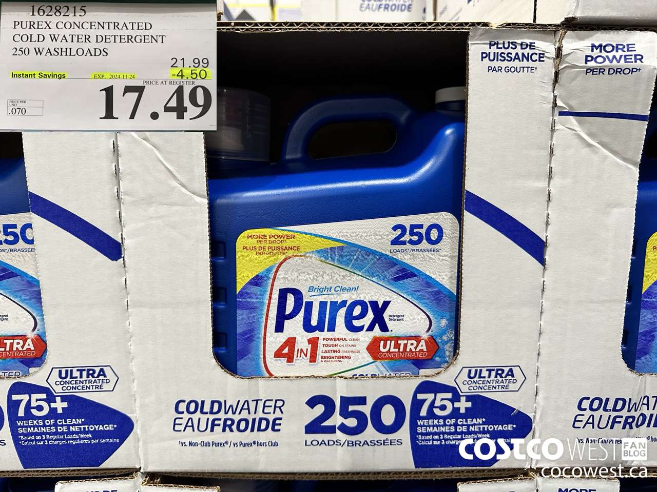 1628215 PUREX CONCENTRATED COLD WATER DETERGENT 250 WASHLOADS ($4.50 INSTANT SAVINGS EXPIRES ON 2024-11-24) $17.49