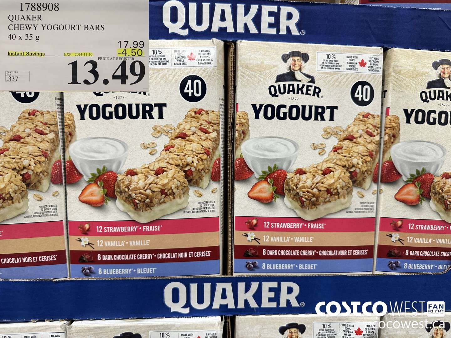 1788908 QUAKER CHEWY YOGOURT BARS 40 X 35 G ($4.50 INSTANT SAVINGS EXPIRES ON 2024-11-10) $13.49