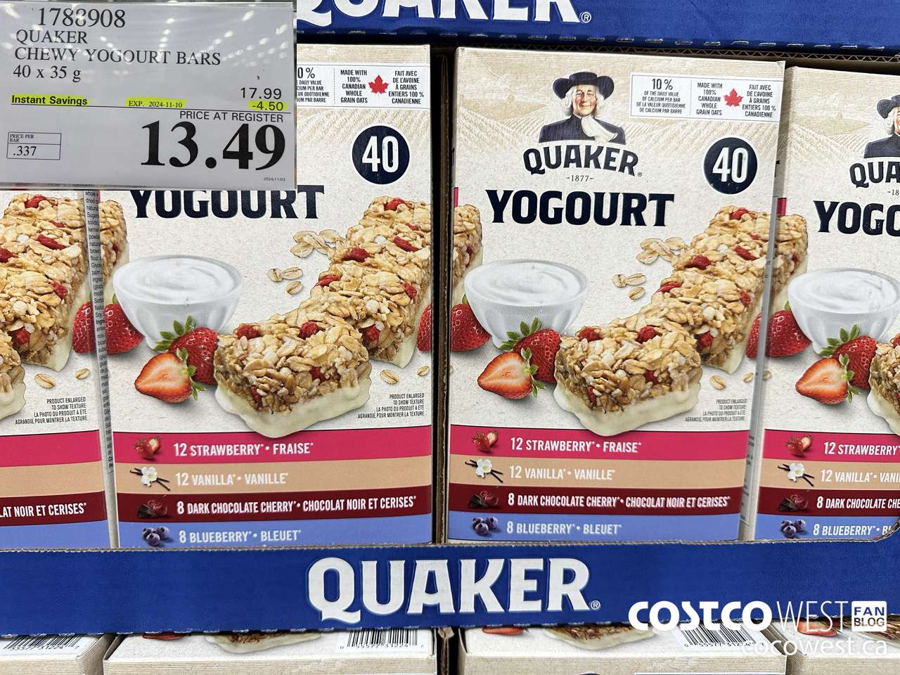 1788908 QUAKER CHEWY YOGOURT BARS 40 X 35 G ($4.50 INSTANT SAVINGS EXPIRES ON 2024-11-10) $13.49