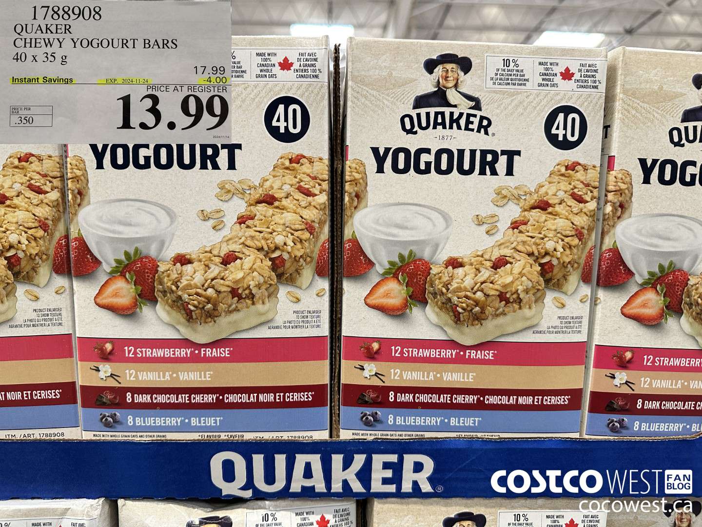 1788908 QUAKER CHEWY YOGOURT BARS 40 X 35 G ($4.00 INSTANT SAVINGS EXPIRES ON 2024-11-24) $13.99