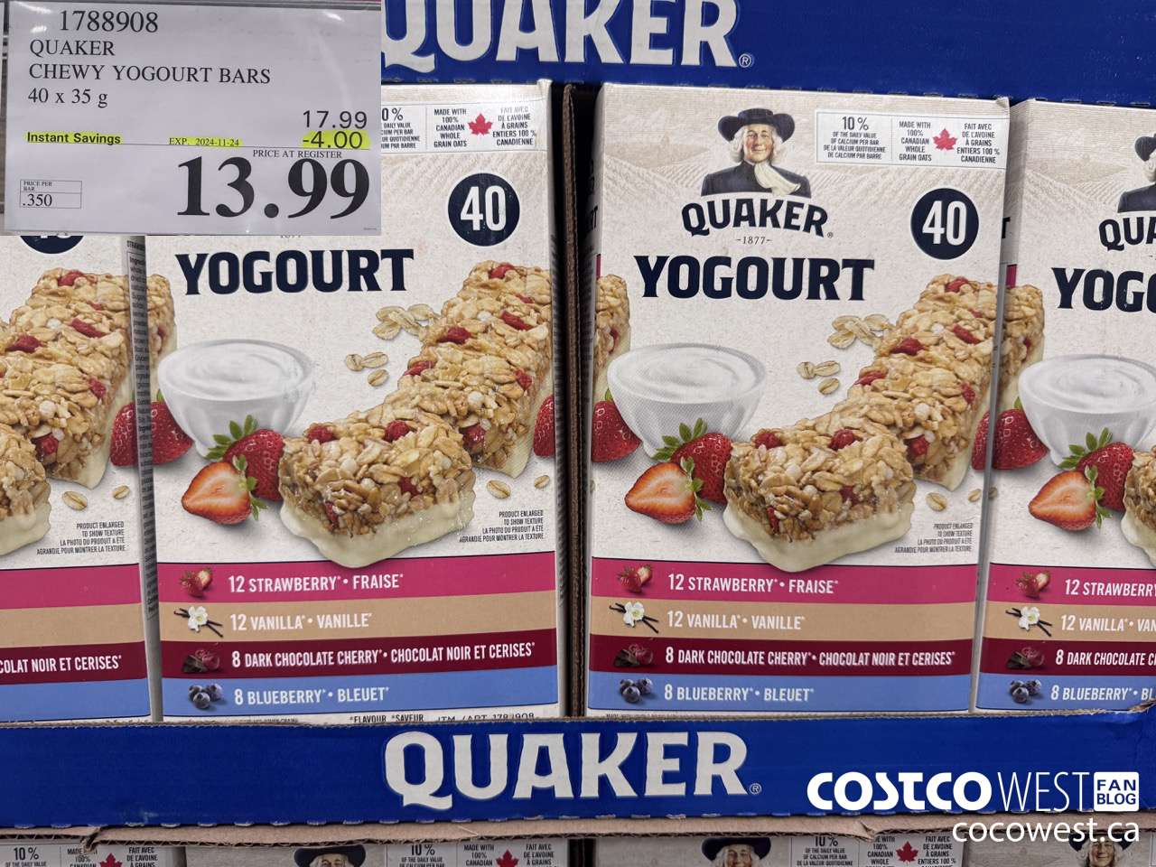1788908 QUAKER CHEWY YOGOURT BARS 40 X 35 G ($4.00 INSTANT SAVINGS EXPIRES ON 2024-11-24) $13.99
