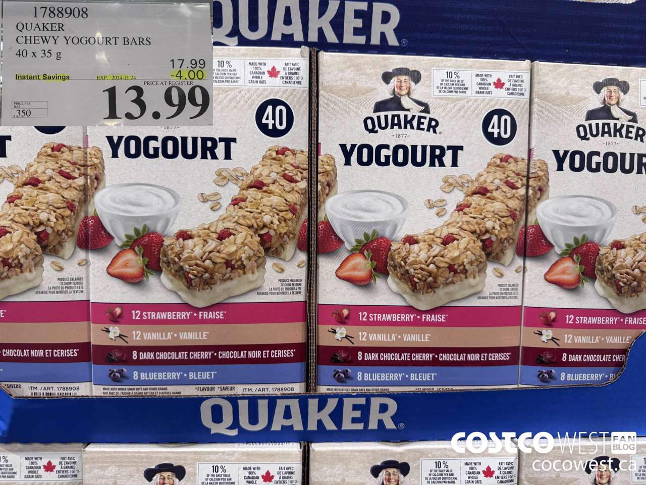 1788908 QUAKER CHEWY YOGOURT BARS 40 X 35 G ($4.00 INSTANT SAVINGS EXPIRES ON 2024-11-24) $13.99