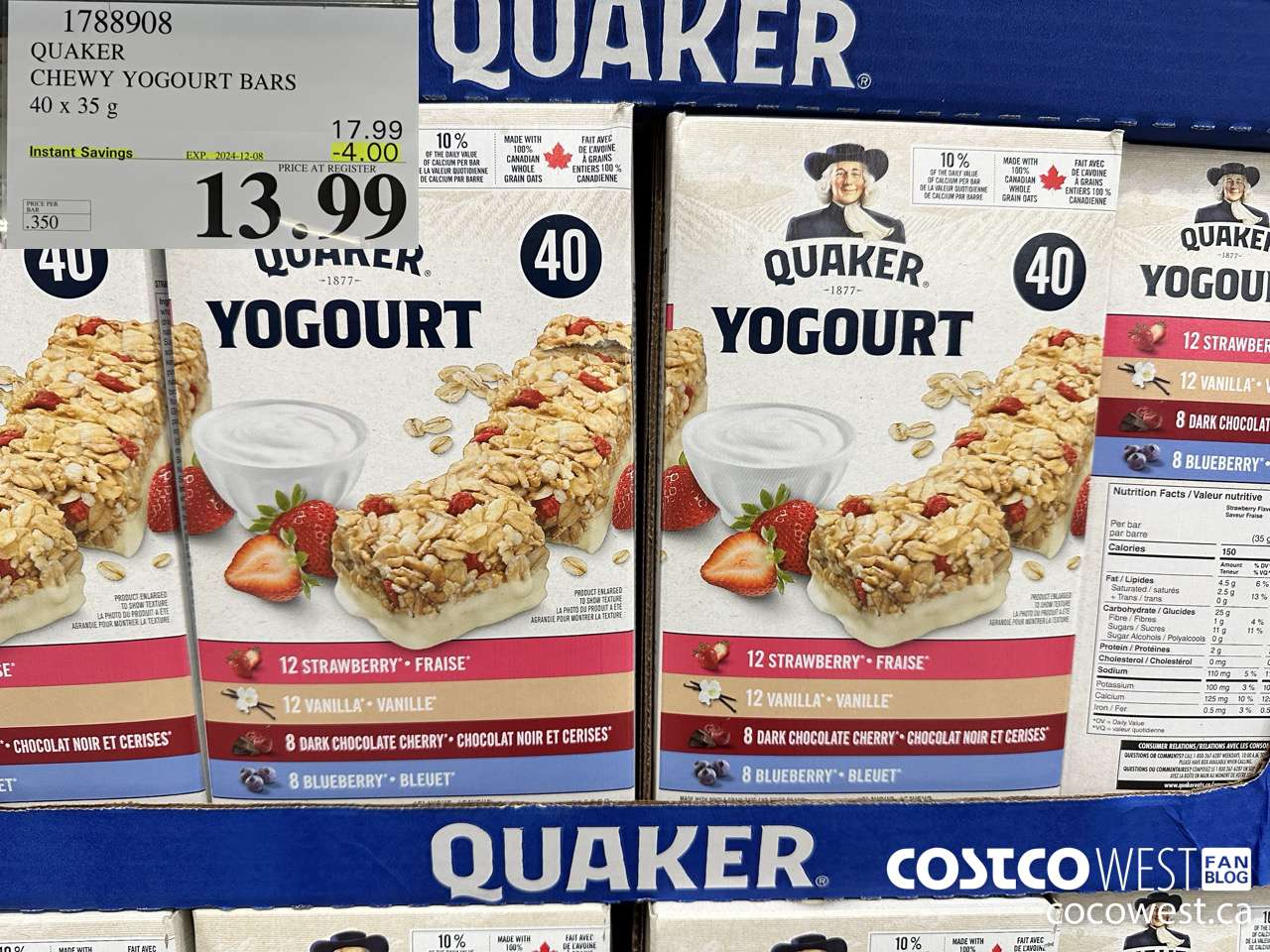 1788908 QUAKER CHEWY YOGOURT BARS 40 X 35 G ($4.00 INSTANT SAVINGS EXPIRES ON 2024-12-08) $13.99