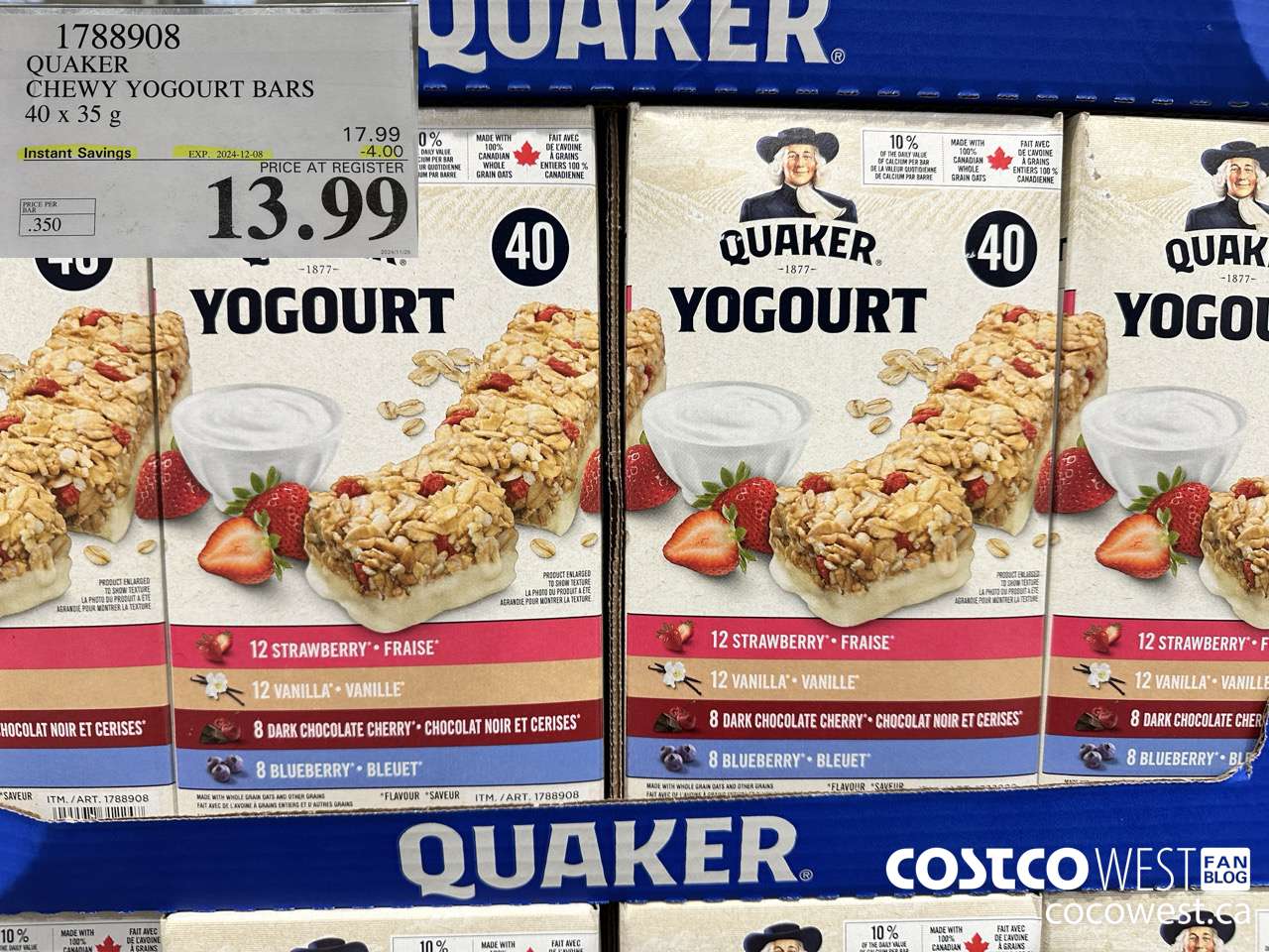 1788908 QUAKER CHEWY YOGOURT BARS 40 X 35 G ($4.00 INSTANT SAVINGS EXPIRES ON 2024-12-08) $13.99
