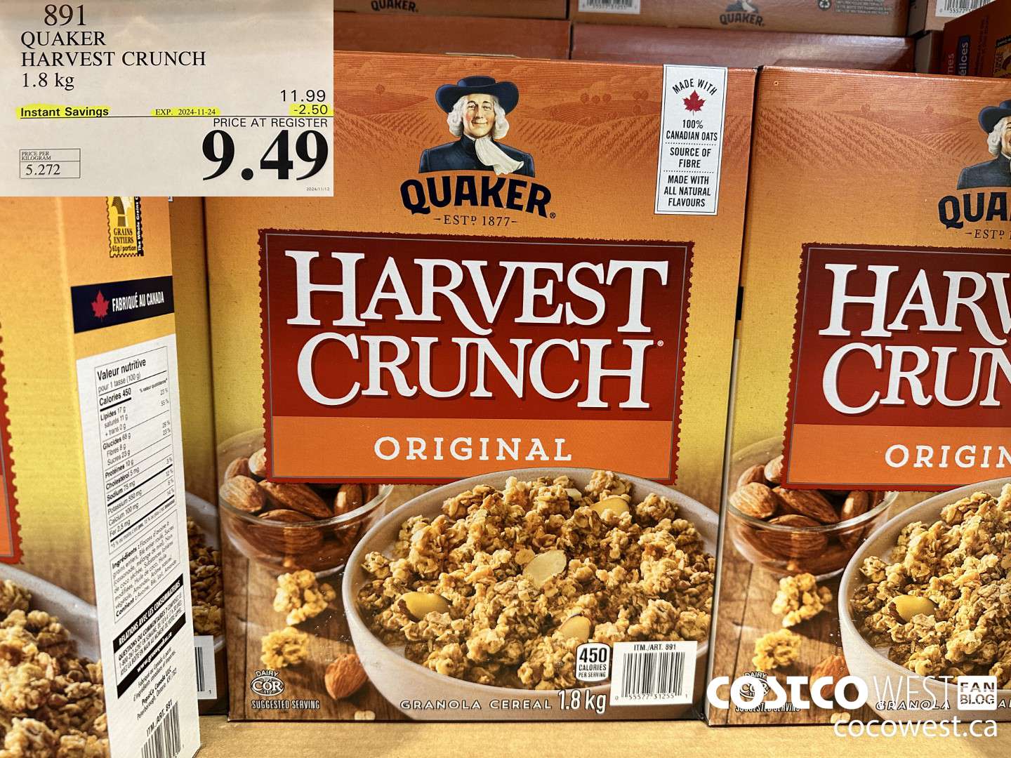 891 QUAKER HARVEST CRUNCH 1.8 KG ($2.50 INSTANT SAVINGS EXPIRES ON 2024-11-24) $9.49