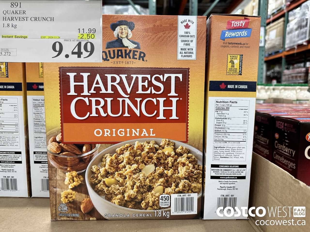 891 QUAKER HARVEST CRUNCH 1.8 KG ($2.50 INSTANT SAVINGS EXPIRES ON 2024-11-24) $9.49