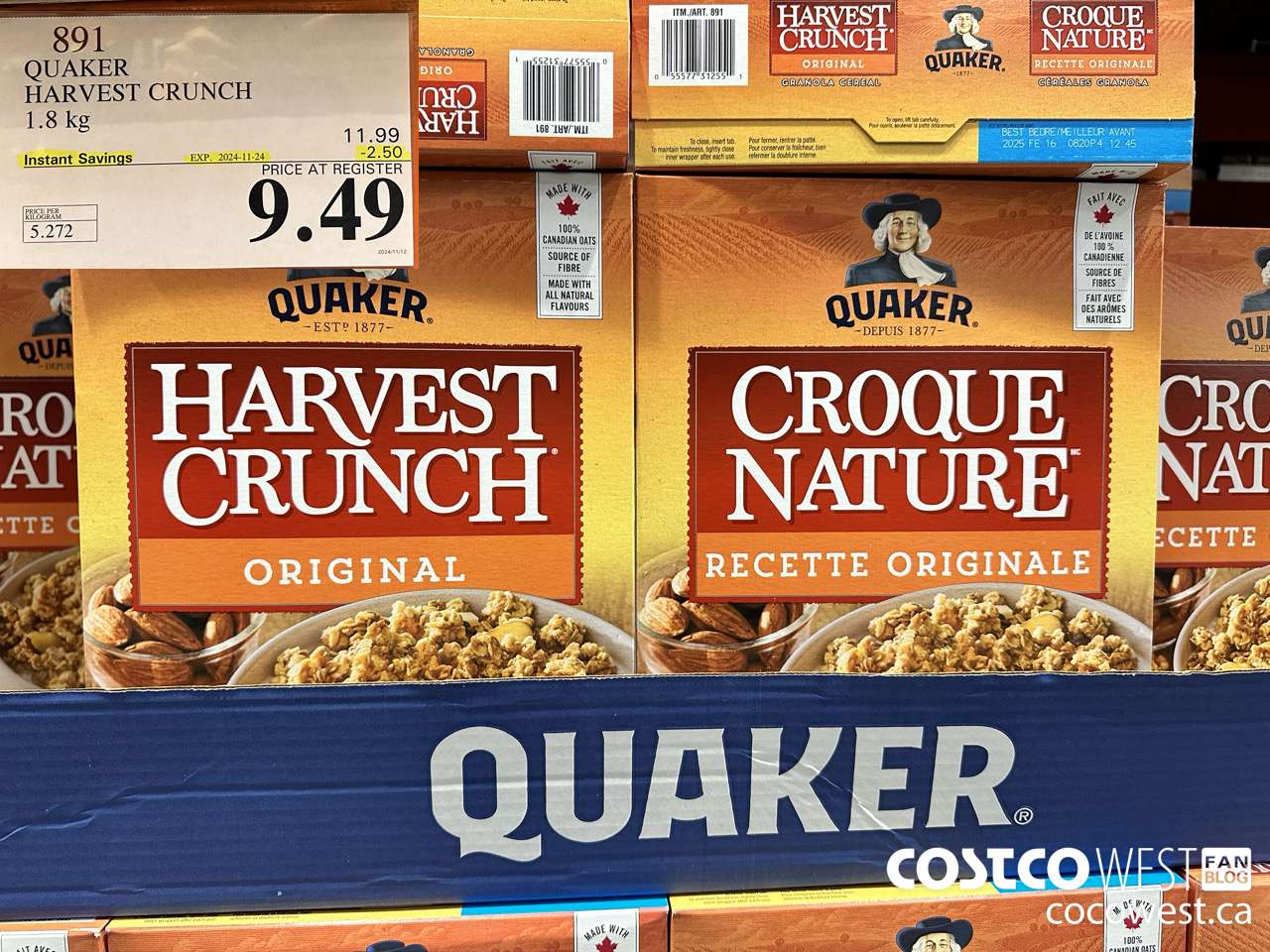 891 QUAKER HARVEST CRUNCH 1.8 KG ($2.50 INSTANT SAVINGS EXPIRES ON 2024-11-24) $9.49