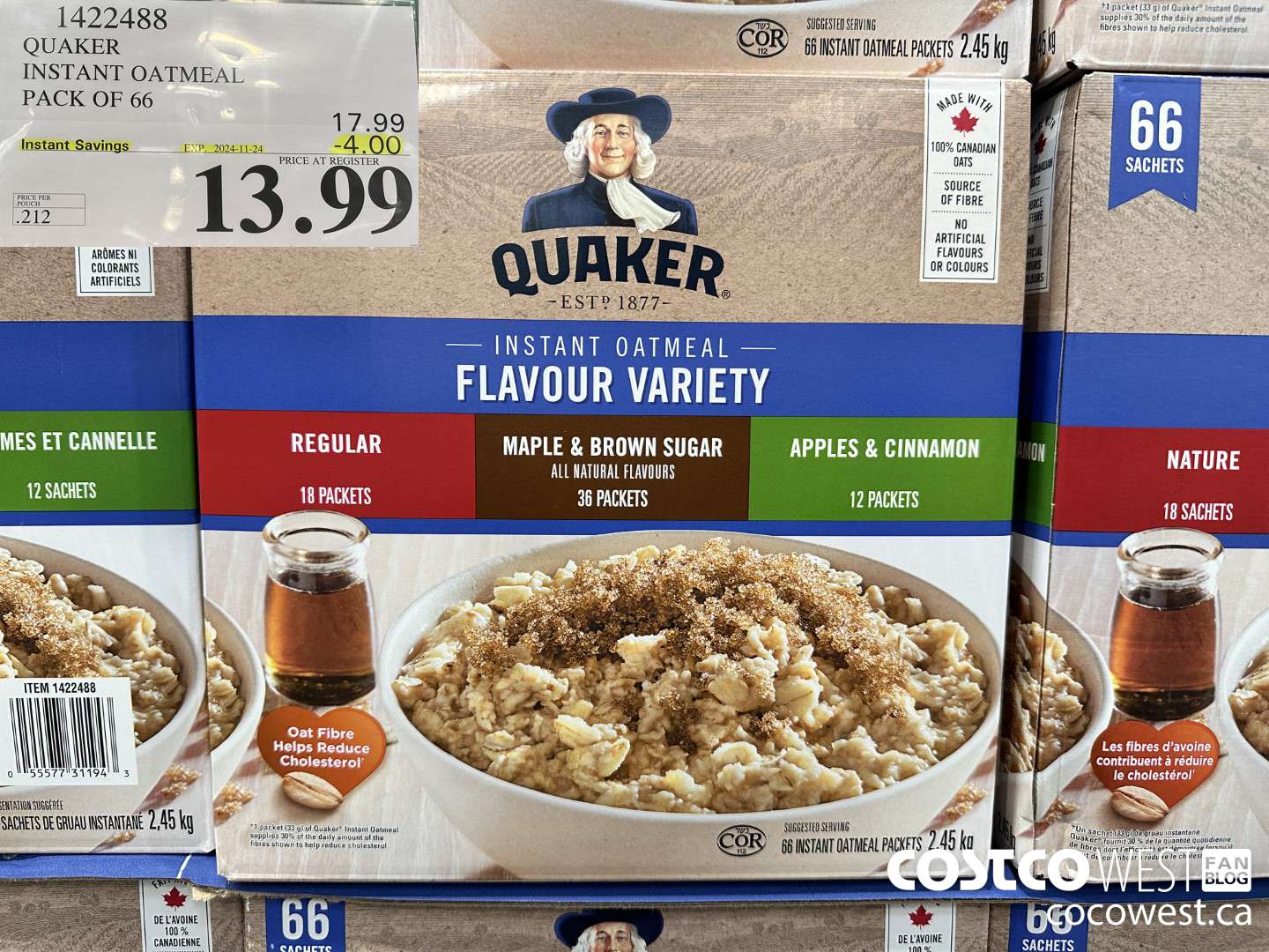 1422488 QUAKER INSTANT OATMEAL 66 COUNT ($4.00 INSTANT SAVINGS EXPIRES ON 2024-11-24) $13.99