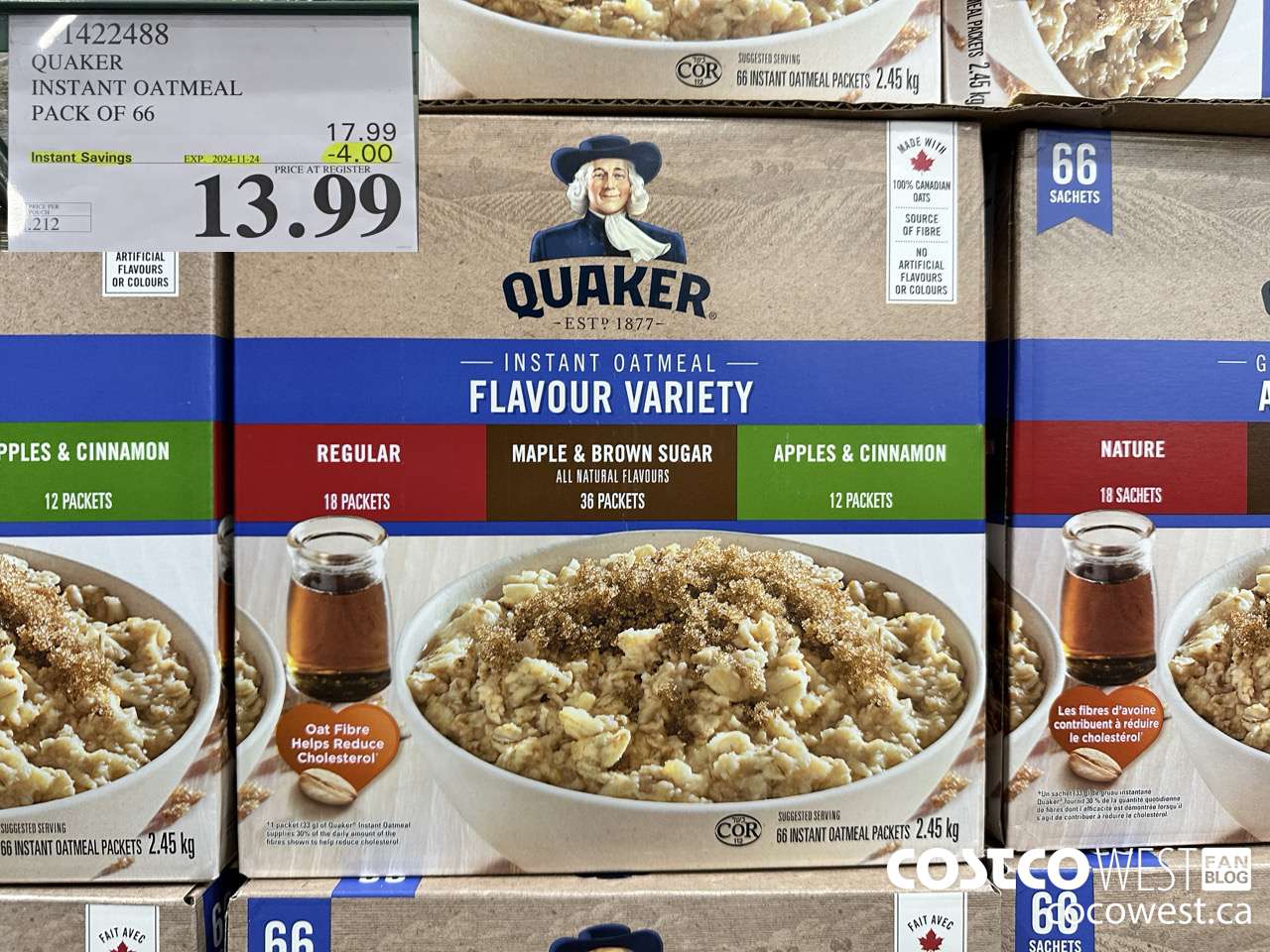 1422488 QUAKER INSTANT OATMEAL 66 COUNT ($4.00 INSTANT SAVINGS EXPIRES ON 2024-11-24) $13.99