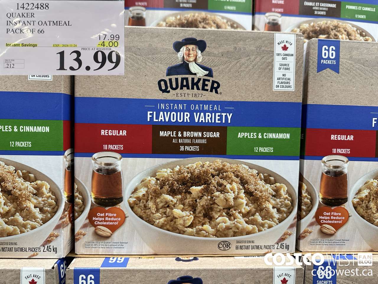 1422488 QUAKER INSTANT OATMEAL 66 COUNT ($4.00 INSTANT SAVINGS EXPIRES ON 2024-11-24) $13.99