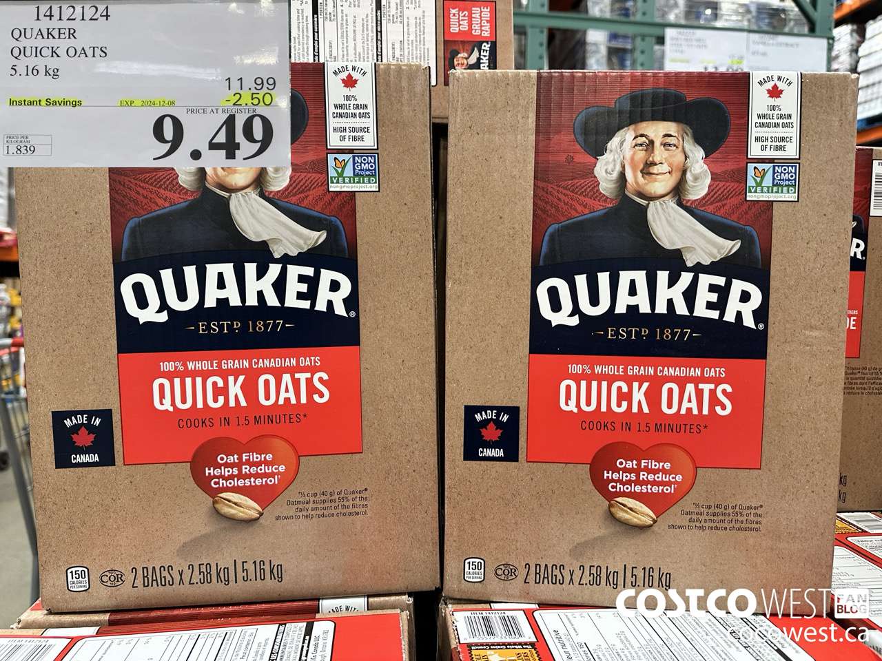 1412124 QUAKER QUICK OATS 5.16 kg ($2.50 INSTANT SAVINGS EXPIRES ON 2024-12-08) $9.49