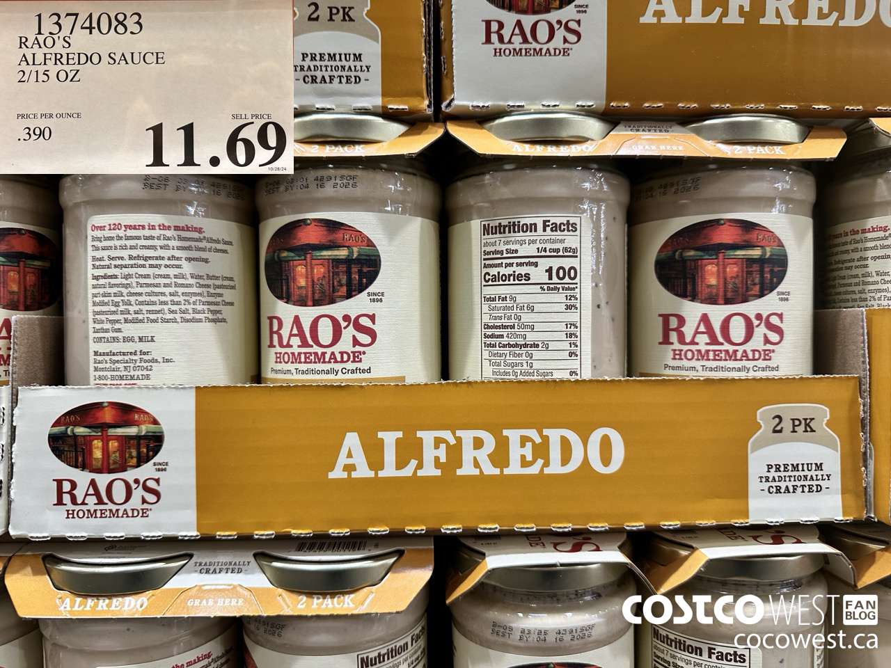1374083 RAO'S ALFREDO SAUCE 2/15 OZ $11.69