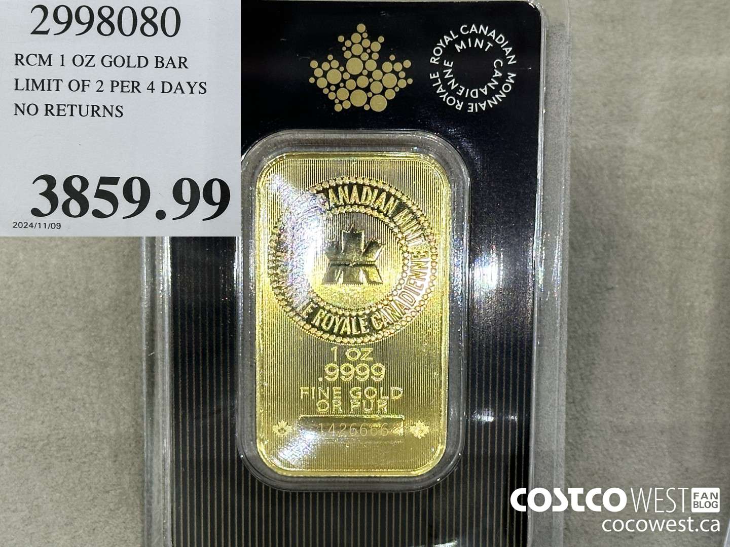 2998080 RCM 1 OZ GOLD BAR LIMIT OF 2 PER 7 DAYS NO RETURNS $3859.99