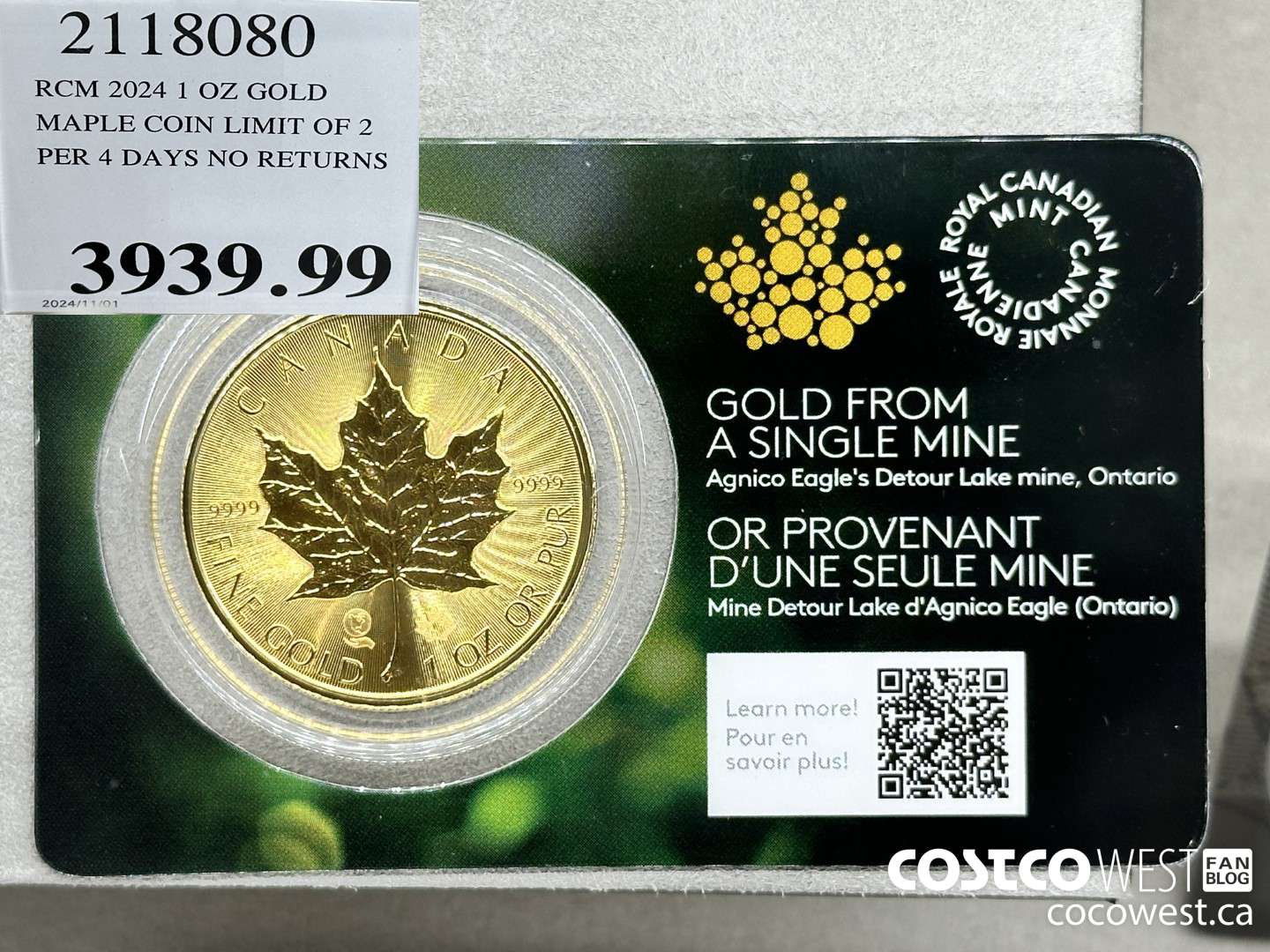2118080 RCM 2024 1 OZ GOLD. MAPLE COIN LIMIT OF 2 PER 4 DAYS NO RETURNS $3939.99