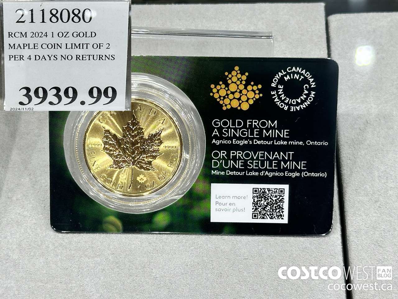 2118080 RCM 2024 1 OZ GOLD. MAPLE COIN LIMIT OF 2 PER 4 DAYS NO RETURNS $3939.99