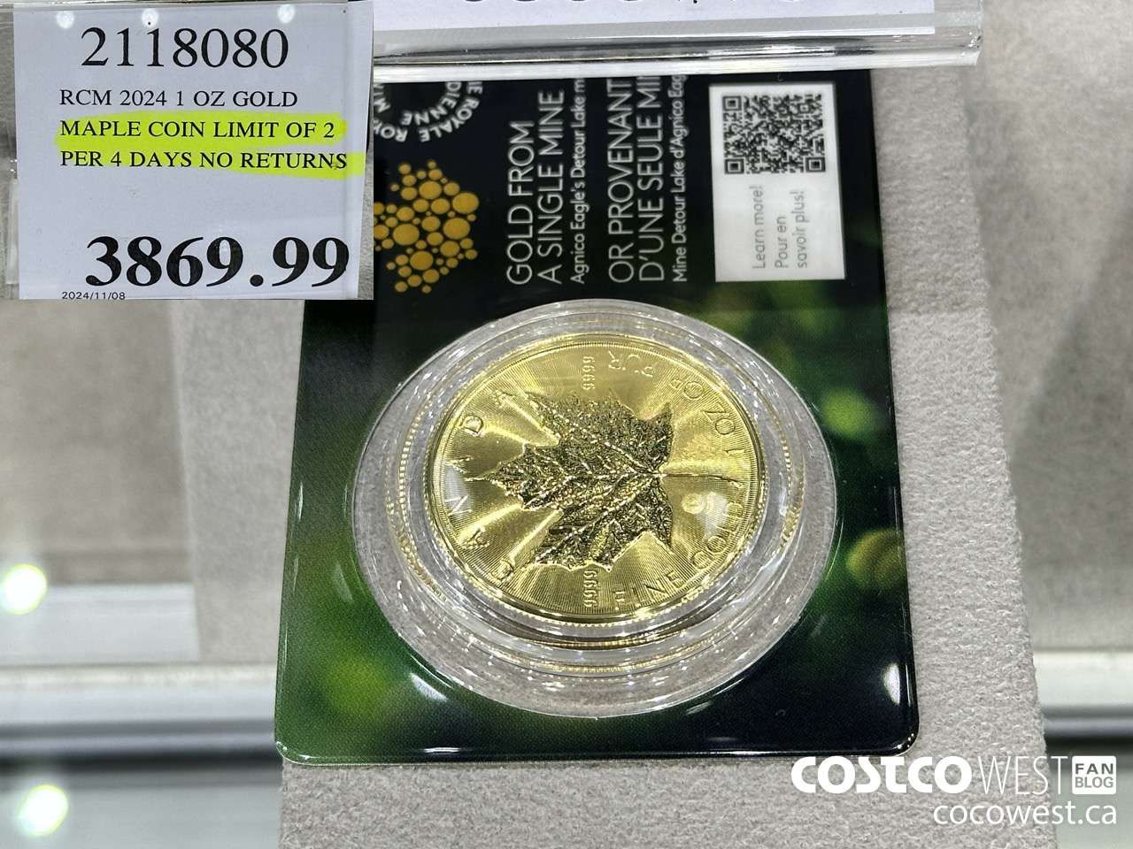 2118080 RCM 2024 1 OZ GOLD. MAPLE COIN LIMIT OF 2 PER 4 DAYS NO RETURNS $3869.99