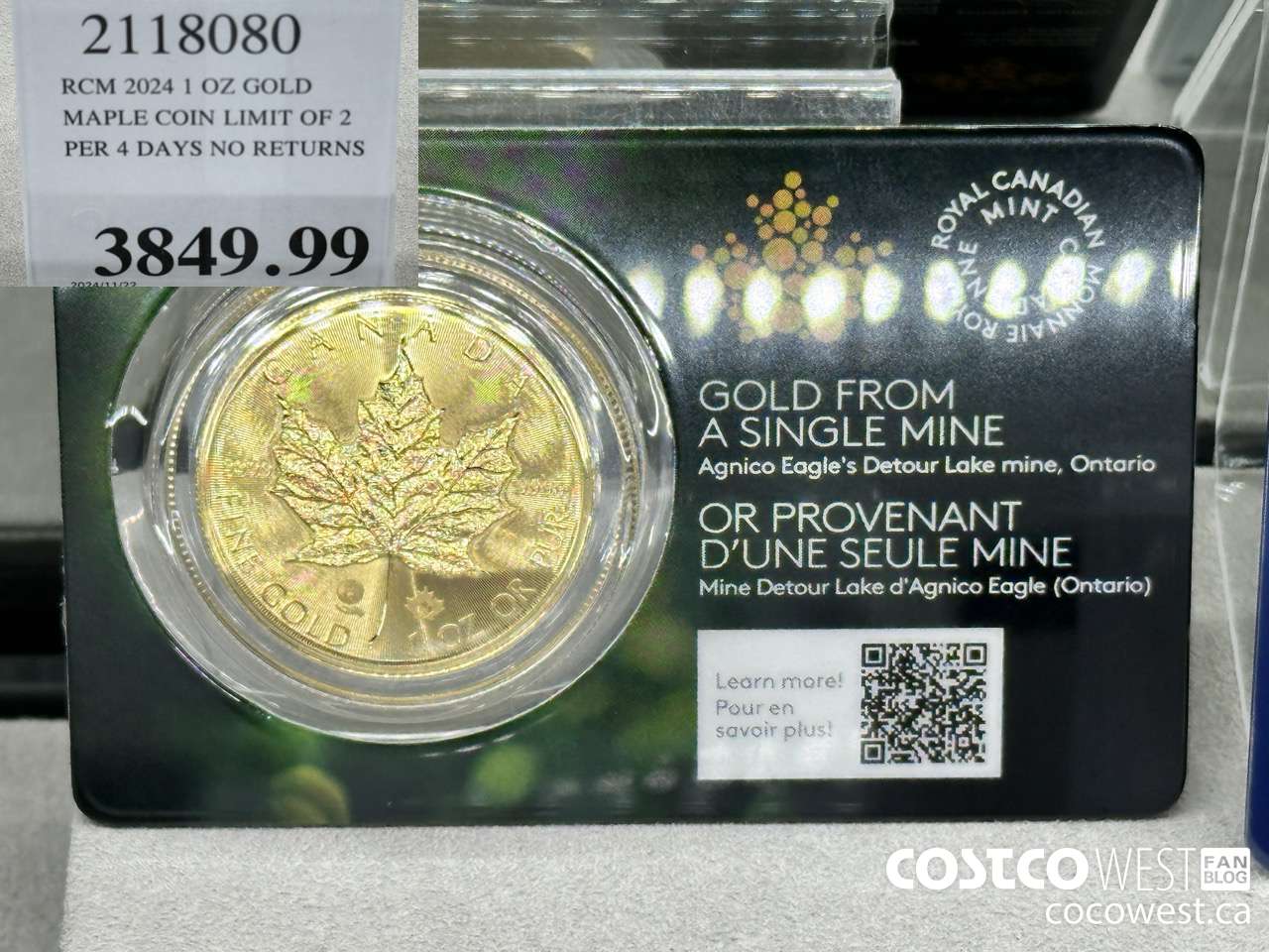 2118080 RCM 2024 1 OZ GOLD. MAPLE COIN LIMIT OF 2 PER 4 DAYS NO RETURNS $3849.99