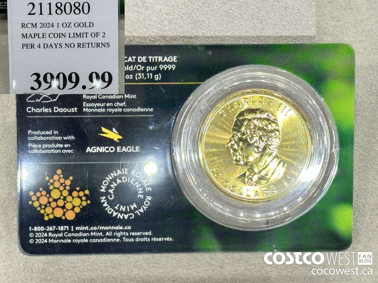 2118080 RCM 2024 1 OZ GOLD. MAPLE COIN LIMIT OF 2 PER 4 DAYS NO RETURNS $3909.99