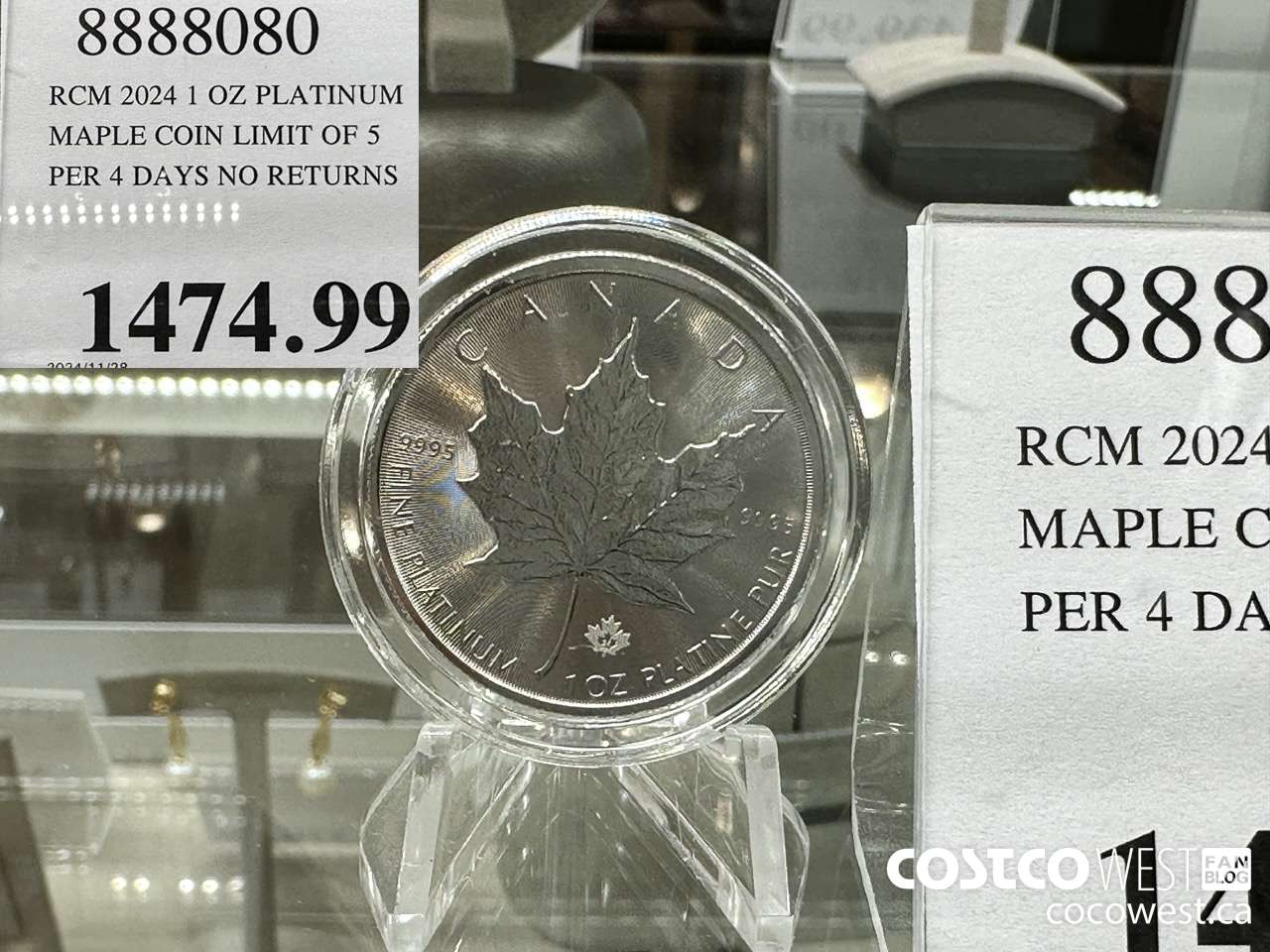 8888080 RCM 2024 1 OZ PLATINUM MAPLE COIN LIMIT OF 5 PER 4 DAYS NO RETURNS $1474.99