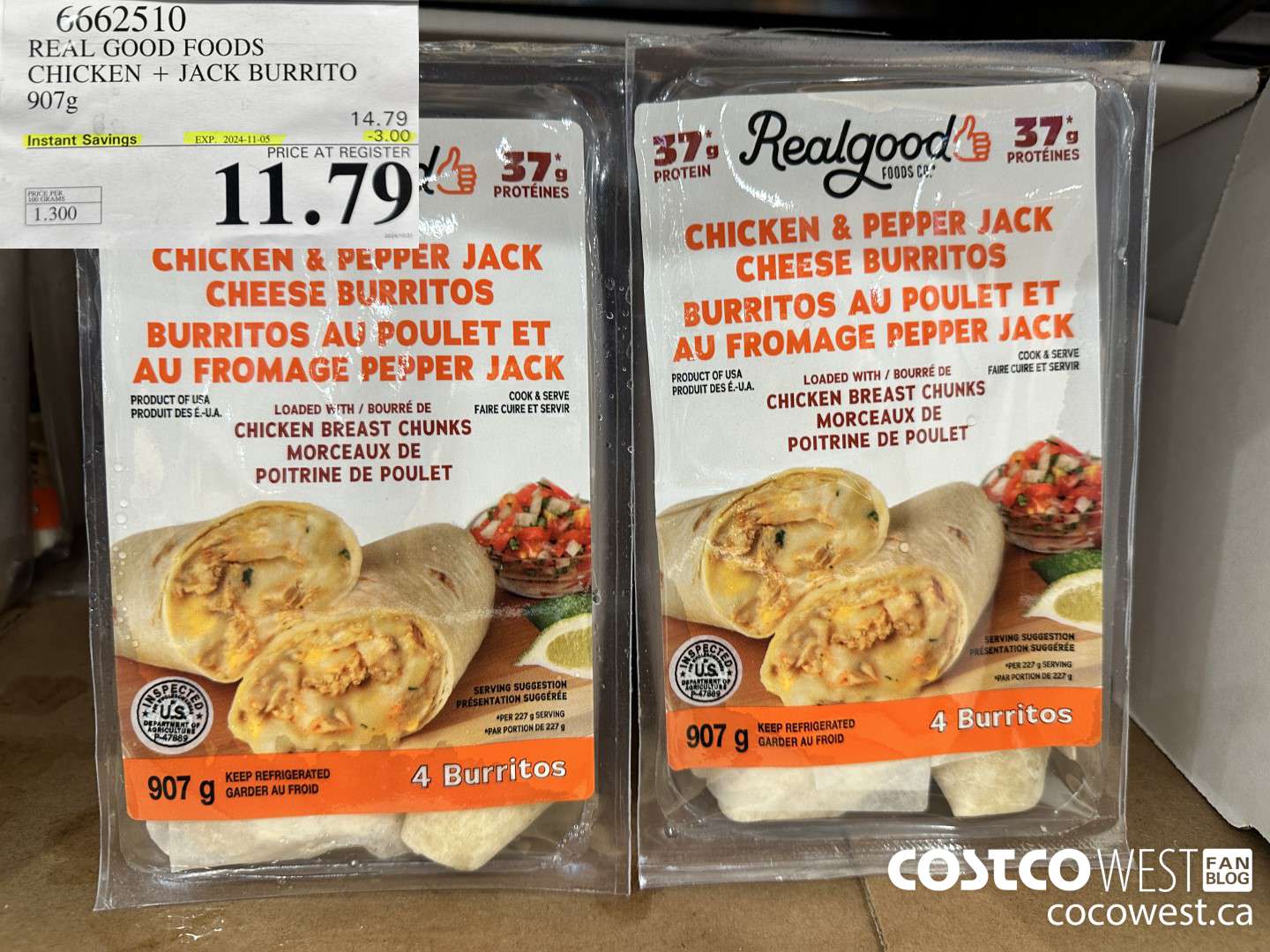 6662510 REAL GOOD FOODS CHICKEN & JACK BURRITO 907G ($3.00 INSTANT SAVINGS EXPIRES ON 2024-11-05) $11.79
