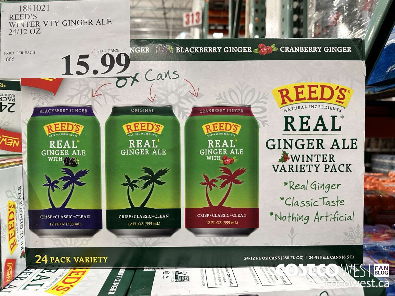 1881021 REED'S WINTER VTY GINGER ALE 24/12 OZ $15.99