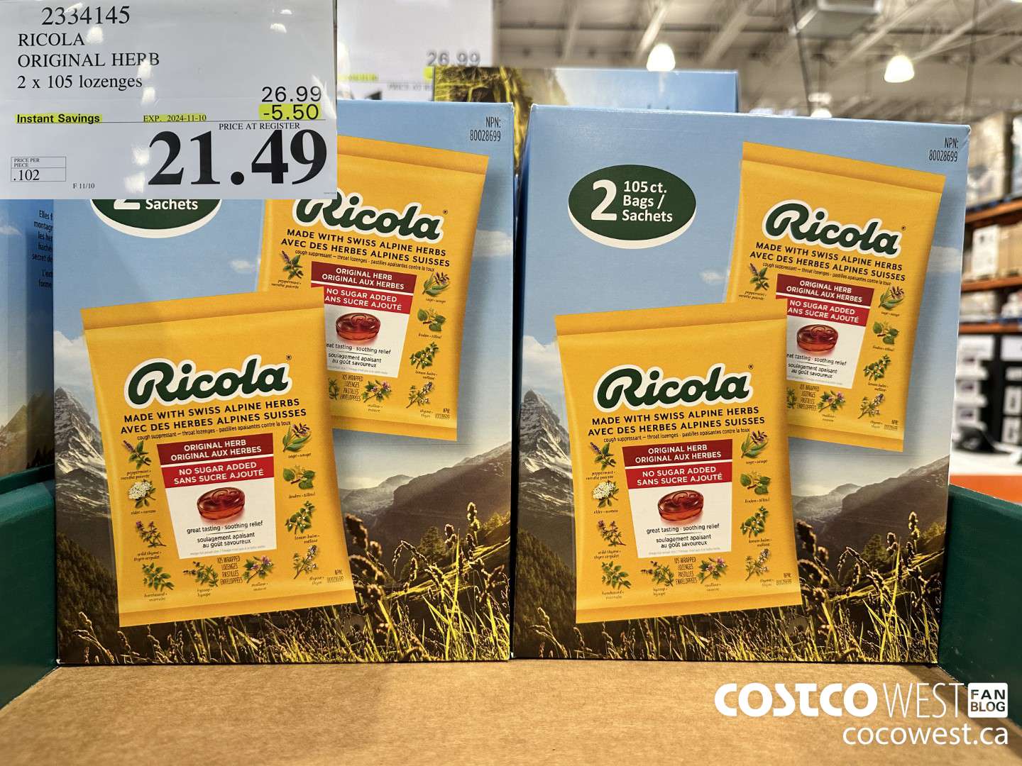 2334145 RICOLA ORIGINAL HERB 2 X 105 LOZENGES ($5.50 INSTANT SAVINGS EXPIRES ON 2024-11-10) $21.49