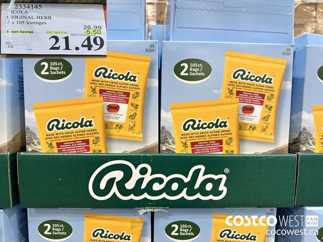 2334145 RICOLA ORIGINAL HERB 2 X 105 LOZENGES ($5.50 INSTANT SAVINGS EXPIRES ON 2024-11-10) $21.49