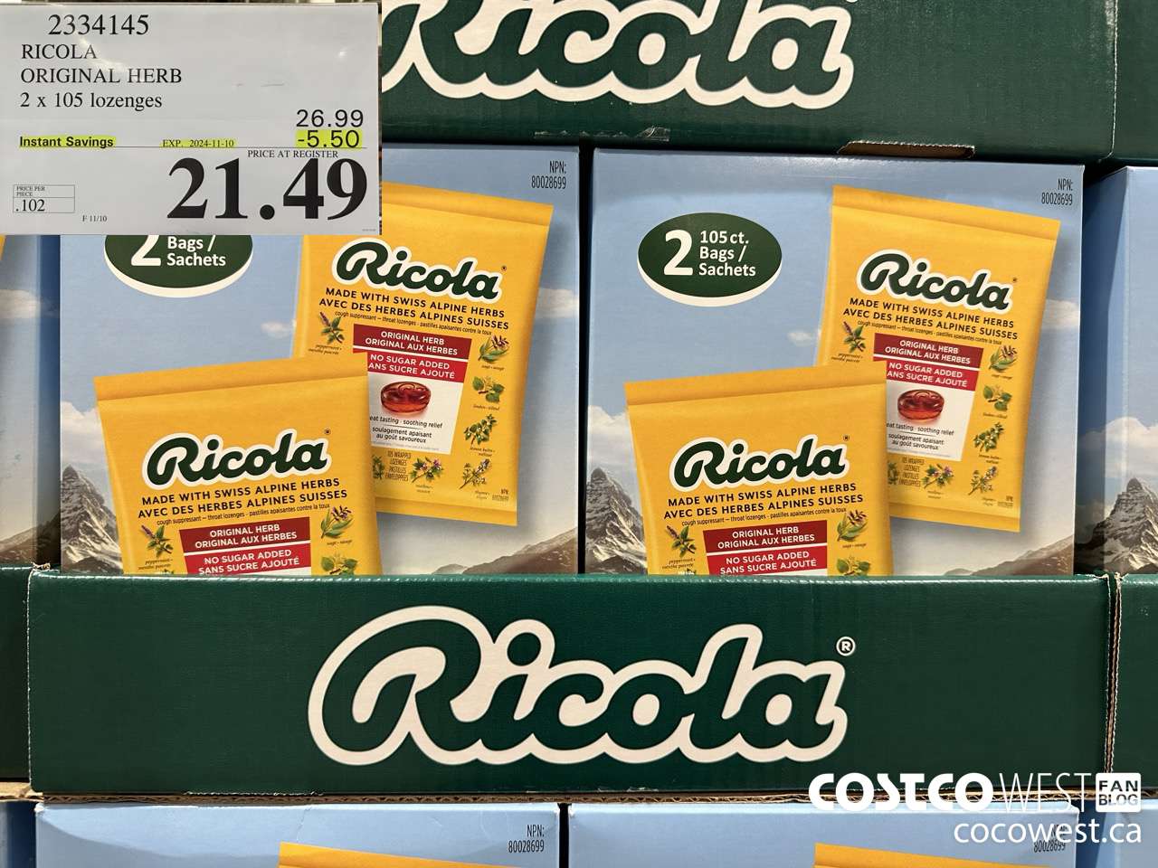 2334145 RICOLA ORIGINAL HERB 2 X 105 LOZENGES ($5.50 INSTANT SAVINGS EXPIRES ON 2024-11-10) $21.49