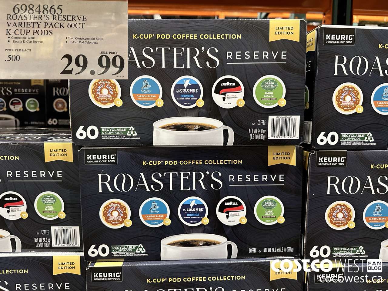6984865 ROASTER'S RESERVE VARIETY PACK 60CT K-CUP PODS $29.99