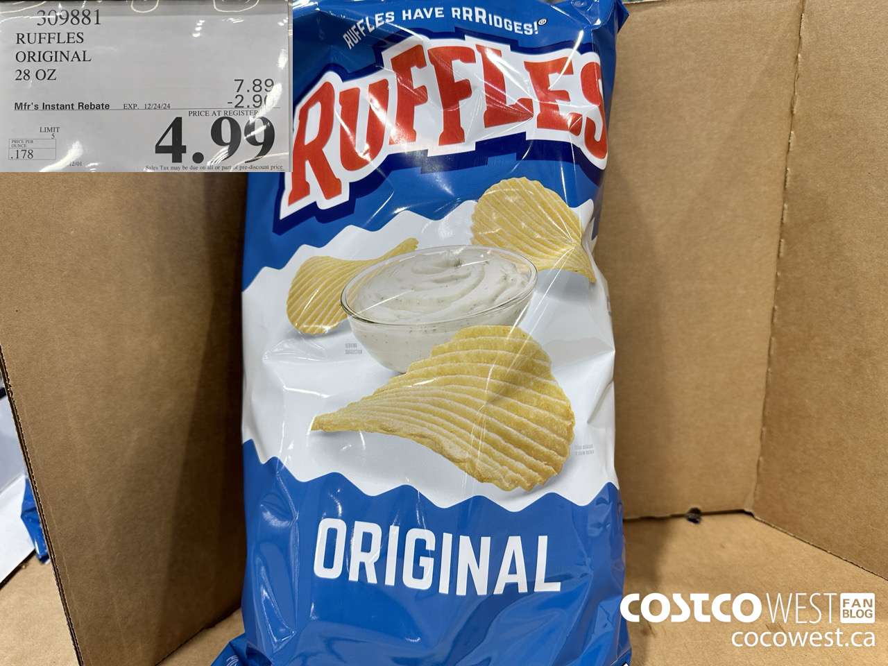 309881 RUFFLES ORIGINAL 28 OZ ($2.90 INSTANT SAVINGS EXPIRES ON 2024-12-24) $4.99