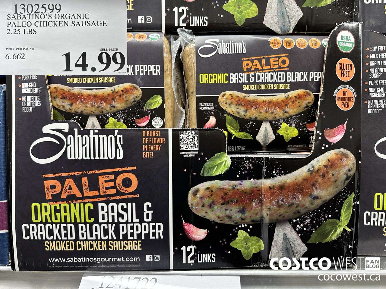 1302599 SABATINO'S ORGANIC PALEO CHICKEN SAUSAGE 2.25 LBS $14.99